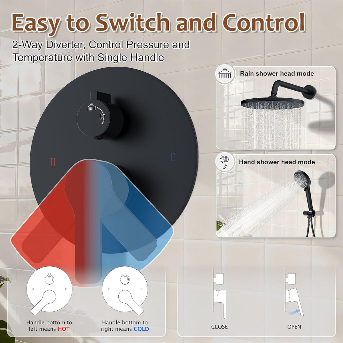 Iriber Mattle Black Round Rain Shower System Faucet Set，Filtered Shower Head with Handheld, Modern Bathroom 9 Spray Mode Showerhead with Filters,Shower Valve Tr