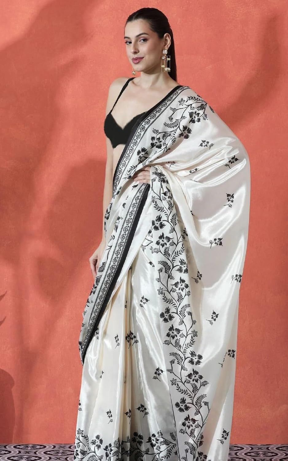 Women's Ready to Wear Floral Silk Satin Saree with Unstitched Blouse Ready to Wear