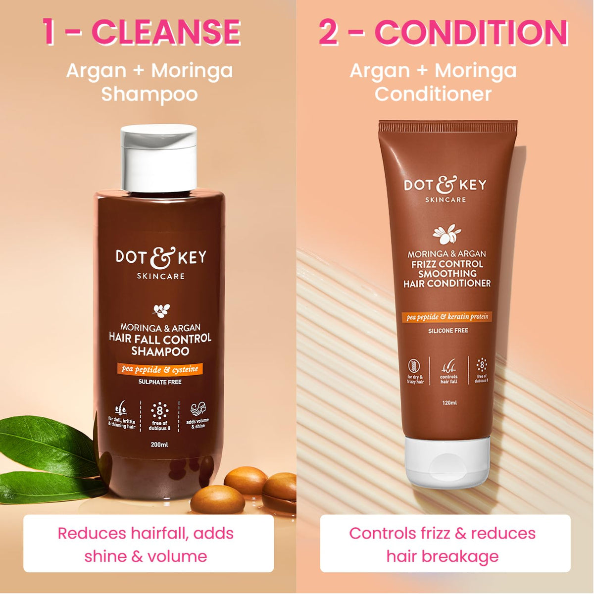 Dot & Key Moringa Argan Shampoo & Conditioner Combo | Shampoo 200ml, Conditioner 120ml