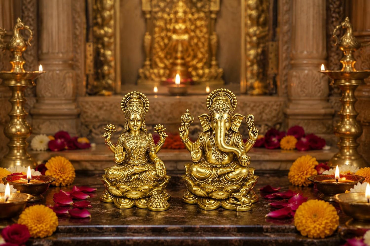 ARC Modern Antique Finish Brass Ganesha Lakshmi Idol Set | Handcrafted Ganpati & Laxmi MATA Murti for Home Temple, Pooja Room & Office Decor | Hindu God Statue