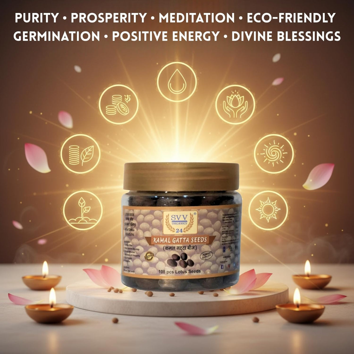 SVV Organics 24 Kamal Gatta Seeds – 108pcs Lotus Seeds for Spiritual Rituals, Pooja Thali, Meditation, Religious Ceremonies, Feng Shui, Abundance, Prosperity, H