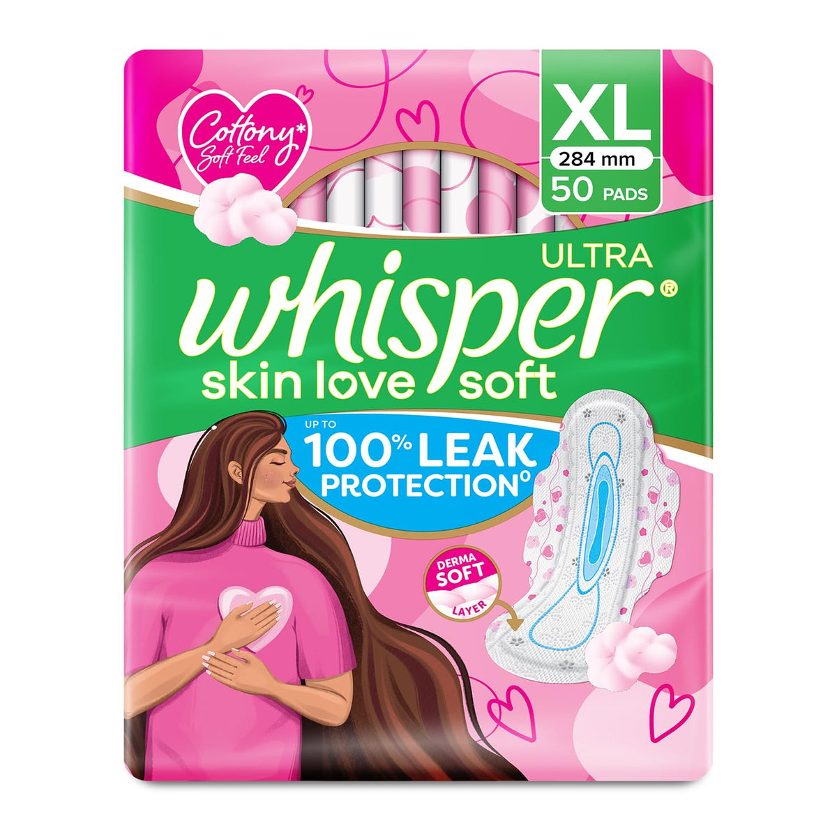 Whisper Ultra Skin Love Soft Sanitary Pads for Women, XL 50 Pads, Cottony Soft Feel, Upto 100% Leak* Protection, Disposable Wrapper, Locks Odour & Wetness (Prod
