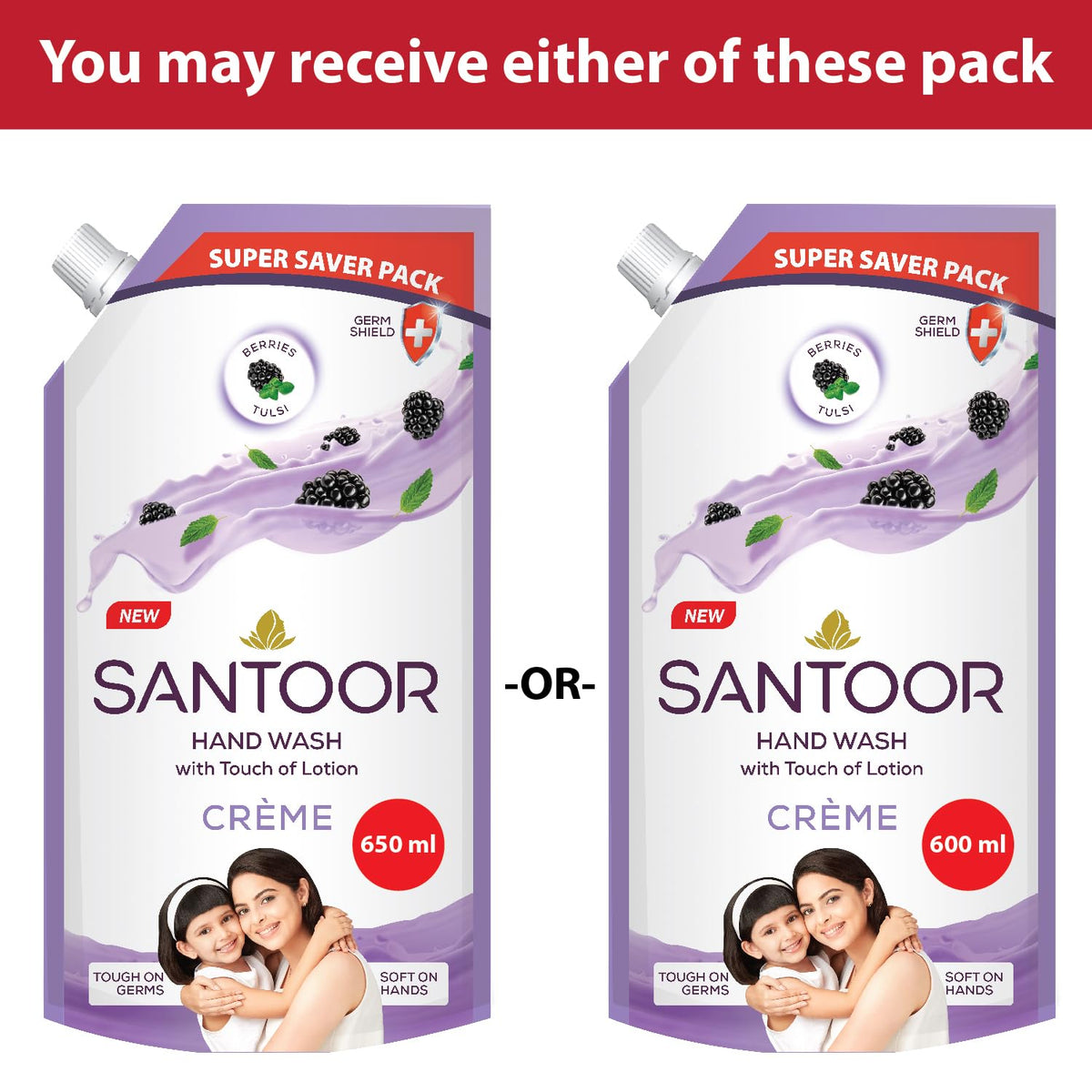 Santoor Crème Handwash 600ml, Pack of 2 with Touch of Lotion| Made with Berries & Tulsi| Rich Lathering Formula with Anti-Bacterial Properties| Soft on Hands| S