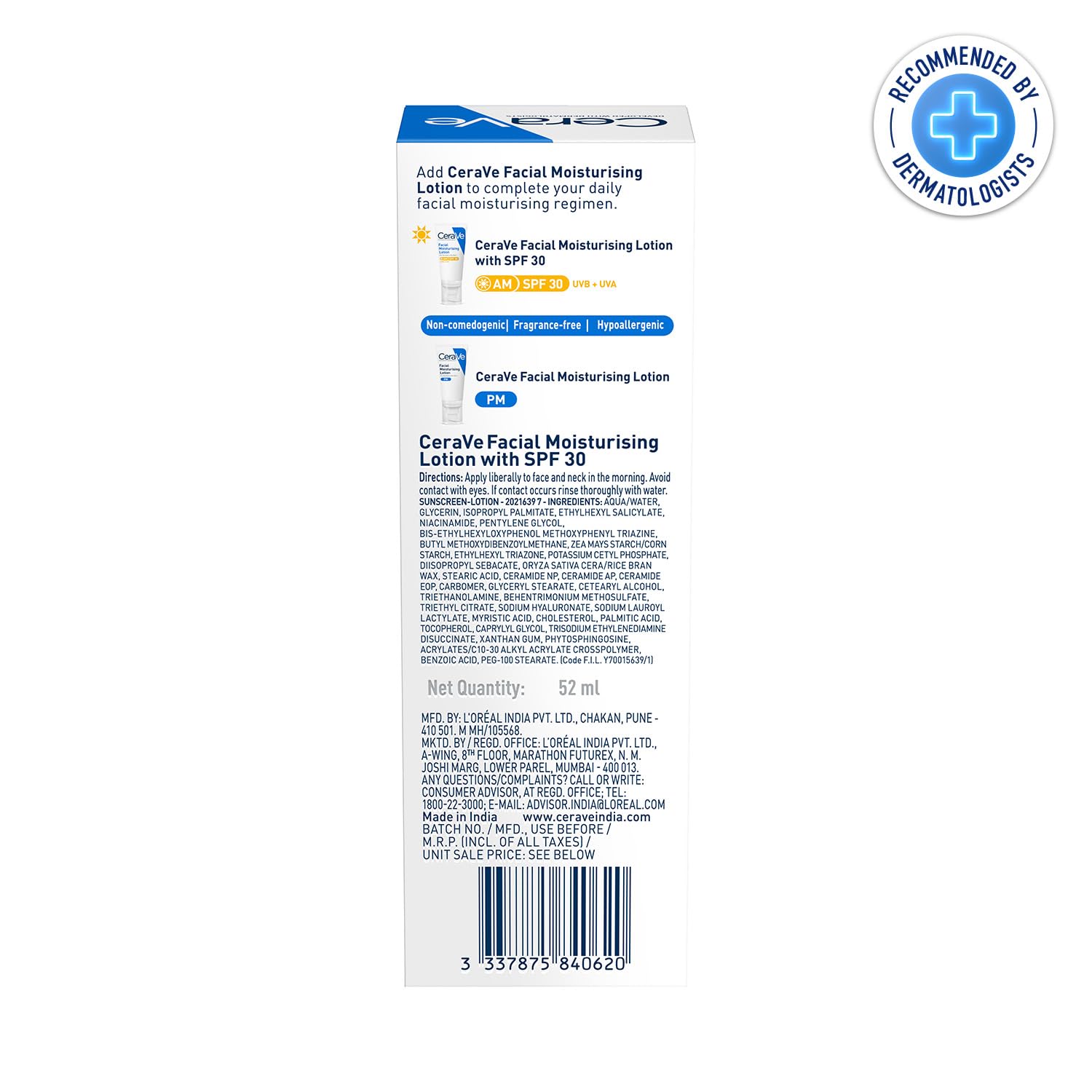 CeraVe AM Facial Moisturizing Lotion For Normal to Dry Skin (52ml) - Broad Spectrum SPF 30 Sunscreen | Non-Comedogenic, Paraben-Free And Fragrance-Free Lotion