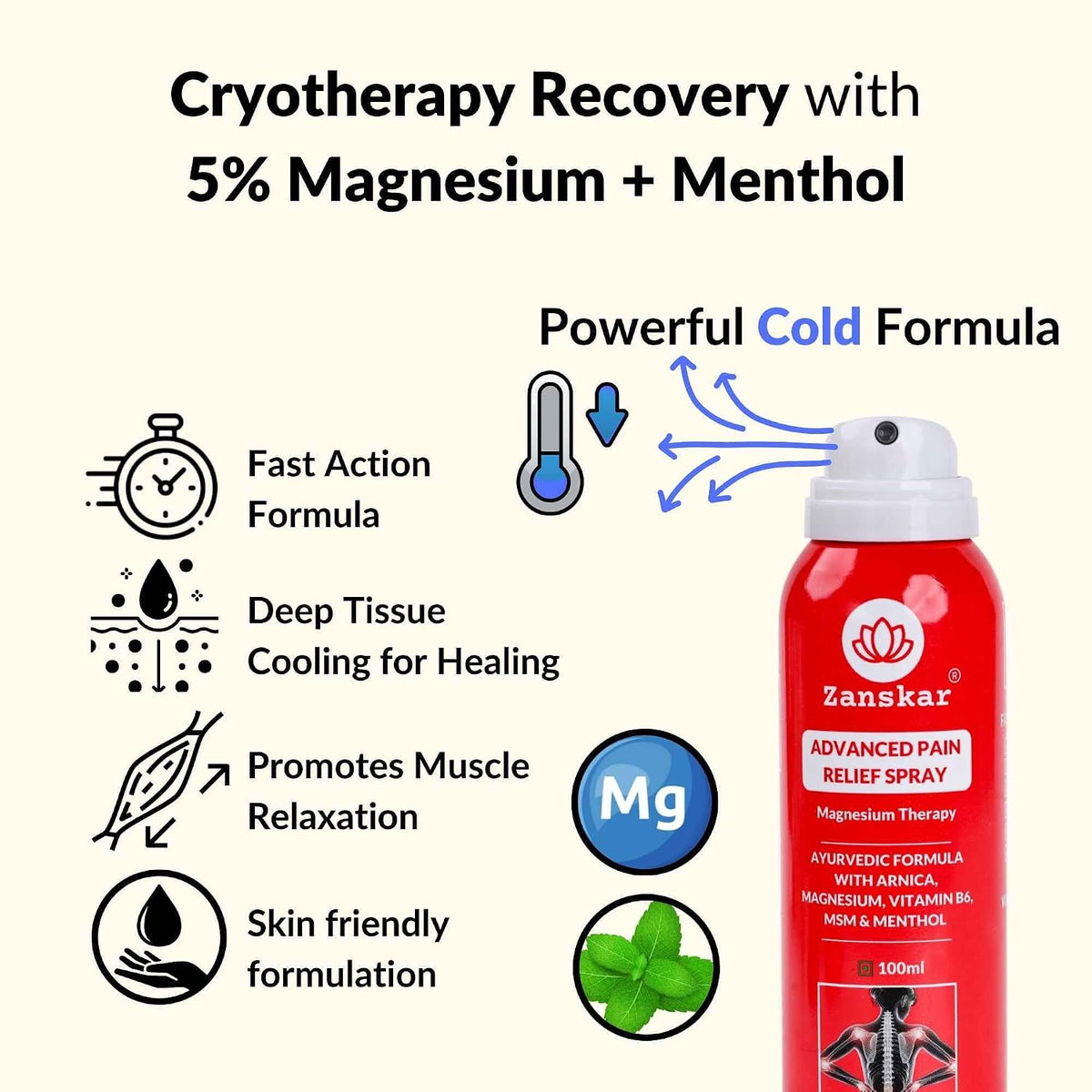 Zanskar Advanced Pain Relief Spray | Fast Action for Sore Muscles, Sports Injuries, Knee Pain, Sprains, Swelling | Cryotherapy Formula - Magnesium, Menthol, Vit