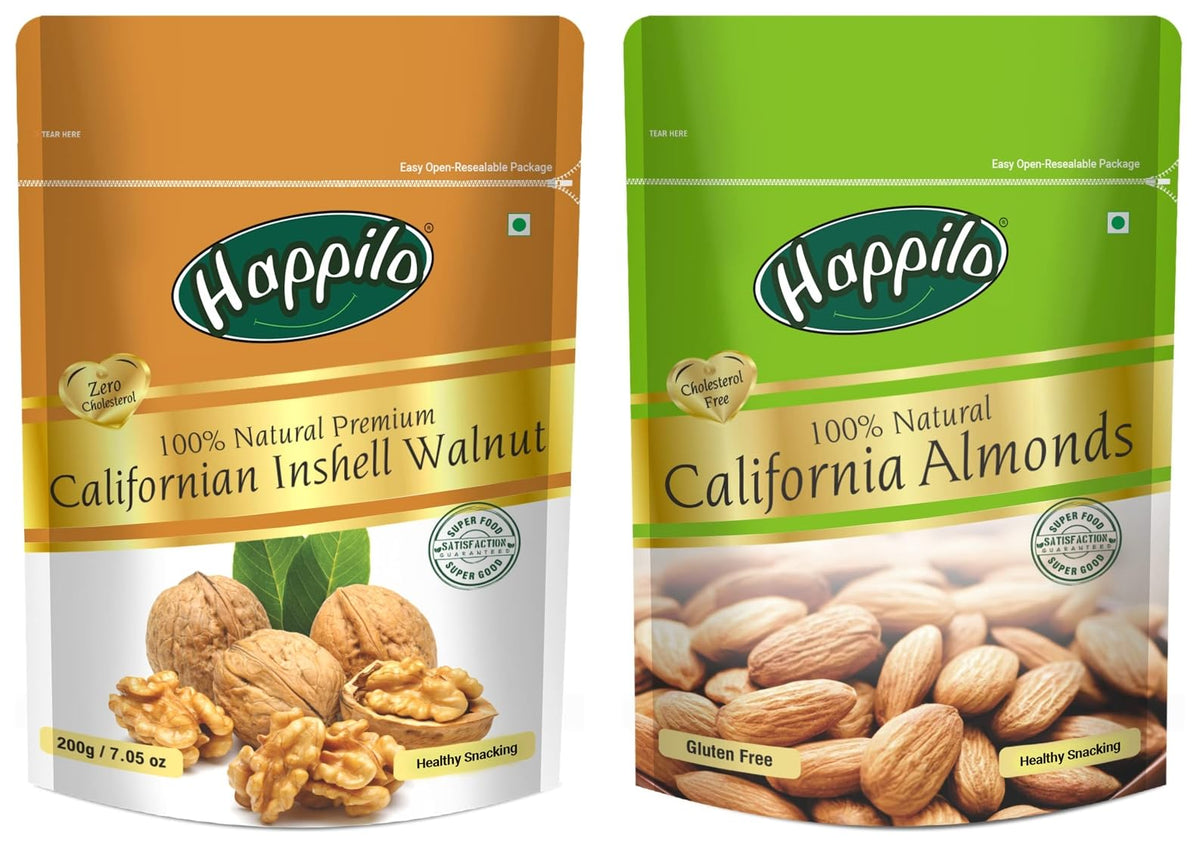 Happilo 100% Natural Premium Californian Almonds,Dried,200g & Natural Premium Californian Inshell Dried Walnuts, 200g