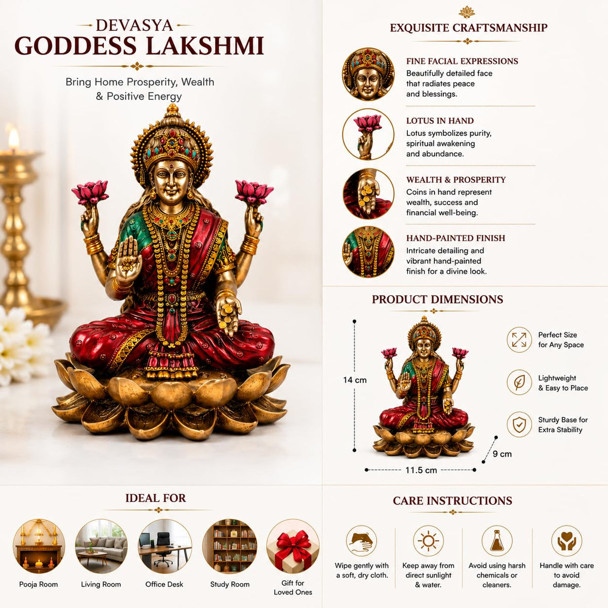 Goddess Lakshmi Sitting Idol | Marble Dust Resin Maa Lakshmi Murti for Home Temple | Wealth & Prosperity Decorative Statue | Religious Pooja Decor & Festive Gif