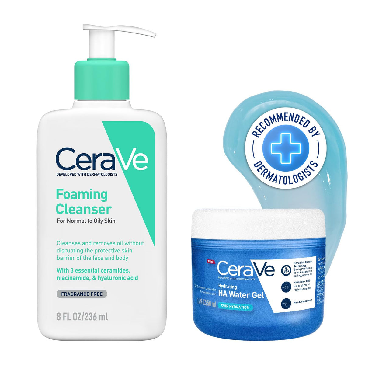 CeraVe Foaming Cleanser 236ml + Hydrating HA Water Gel 50ml Combo | With Ceramides, Hyaluronic Acid and Niacinamide | Oil-free, Non-greasy finish | Suitable for