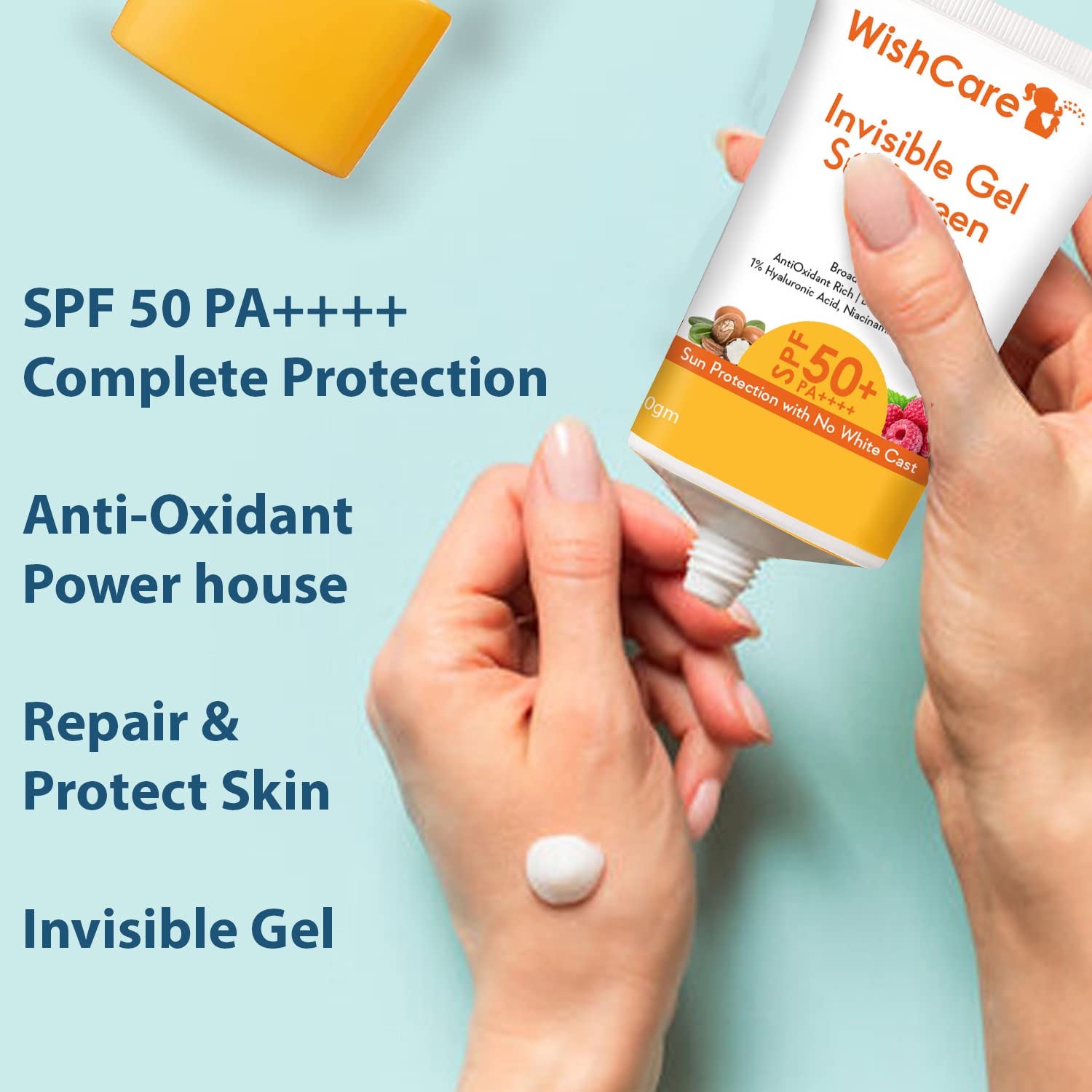 WishCare Invisible Gel Sunscreen SPF 50+ PA++++ For Oily and Dry skin - Light Weight Oil Free Gel Sunscreen 50g