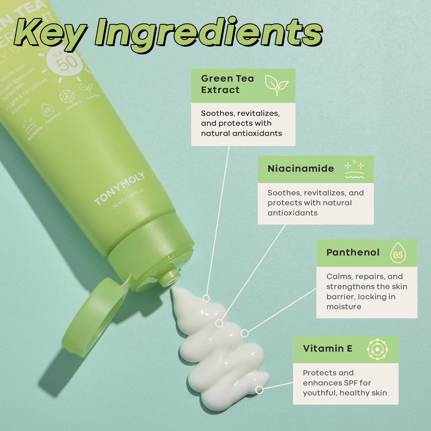 TONYMOLY Green Tea Korean Sunscreen SPF 50+ PA++++ — No White Cast, Lightweight Face Sunscreen for All Skin Tones, Hydrating with Niacinamide, Panthenol & Hyaluronic Acid, 1.69 fl oz