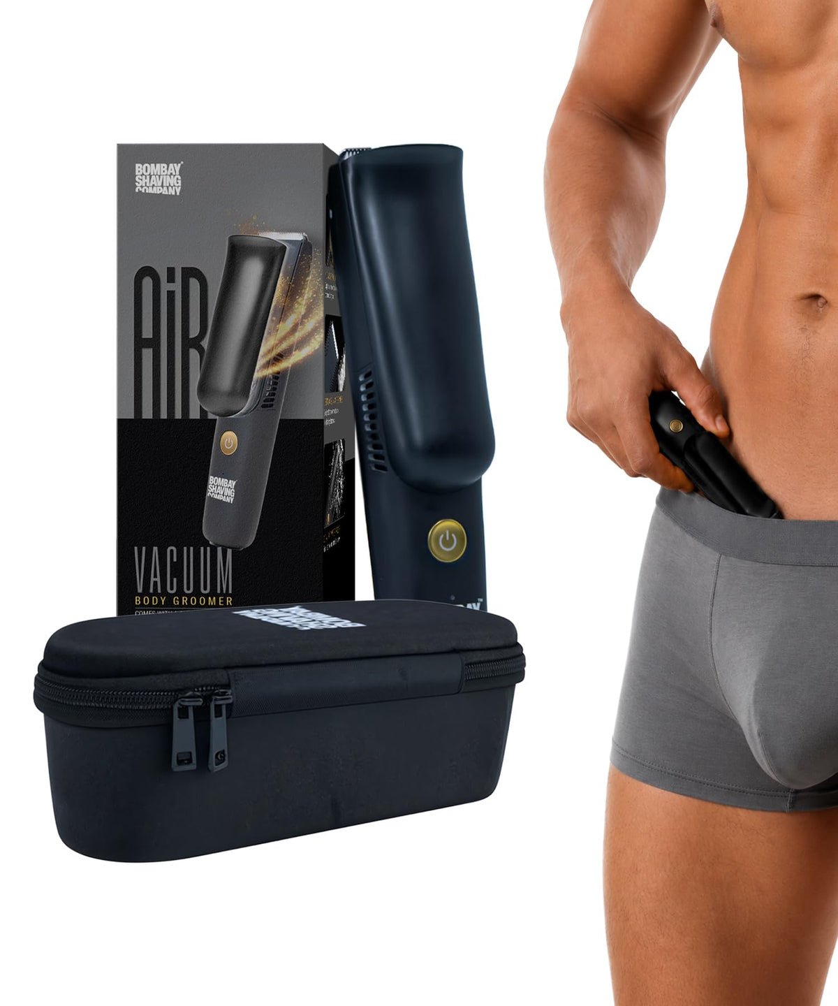 Bombay Shaving Company AIR Vacuum Body Groomer For Men | Zero-Mess Body and Balls Trimming | Sleek Hard Case | Type-C Flash Charging | Safe-on-skin Ceramic Blad
