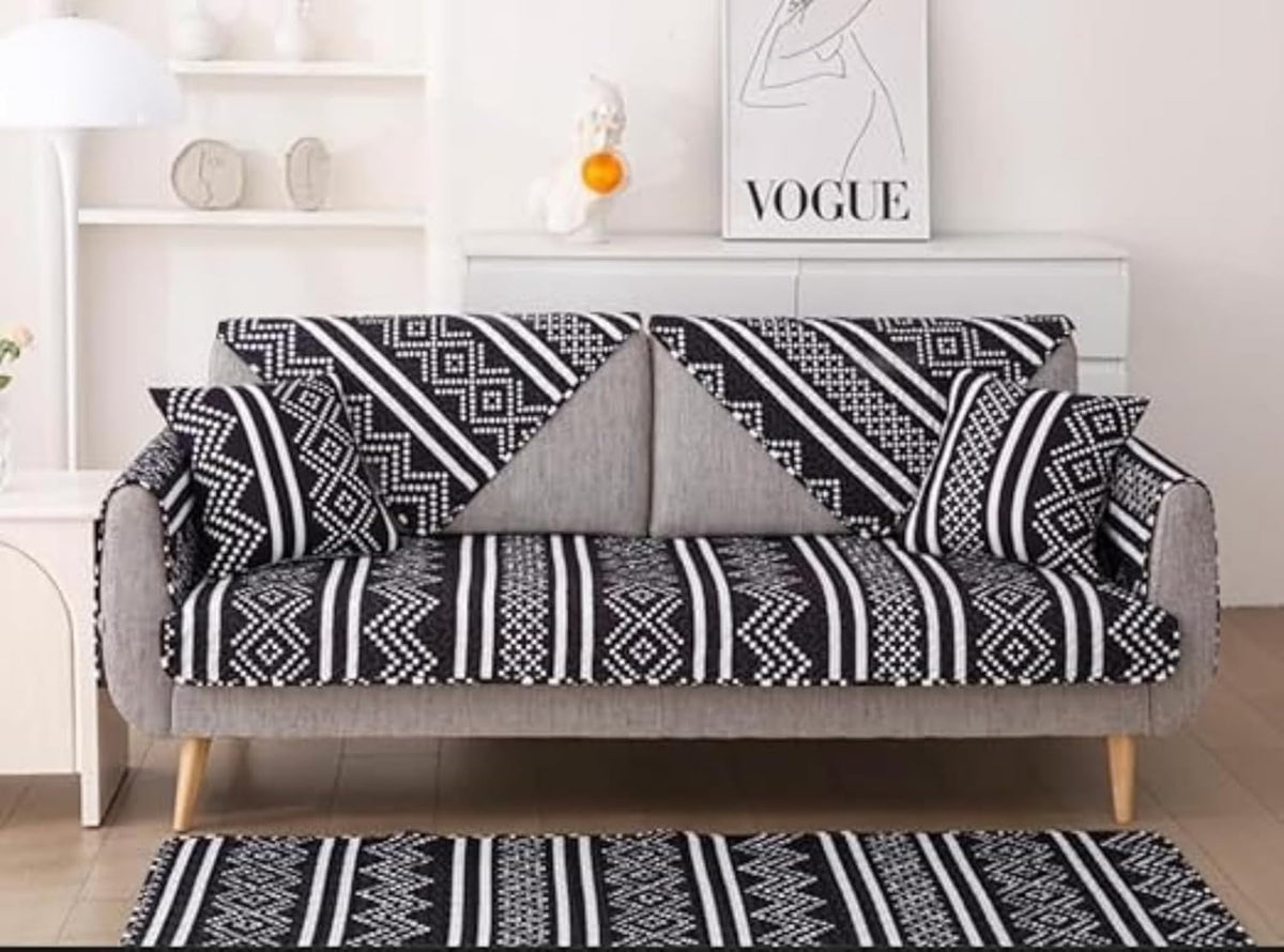 HOMETHREADS European Style Anti Slip 1 Seater Sofa Cover Set | Cotton Sofa Slipcover Set of 4pcs | 1Pc Front + 1Pc Back Cover (70x70cm) + 2Pc Armrest (70x50cm)