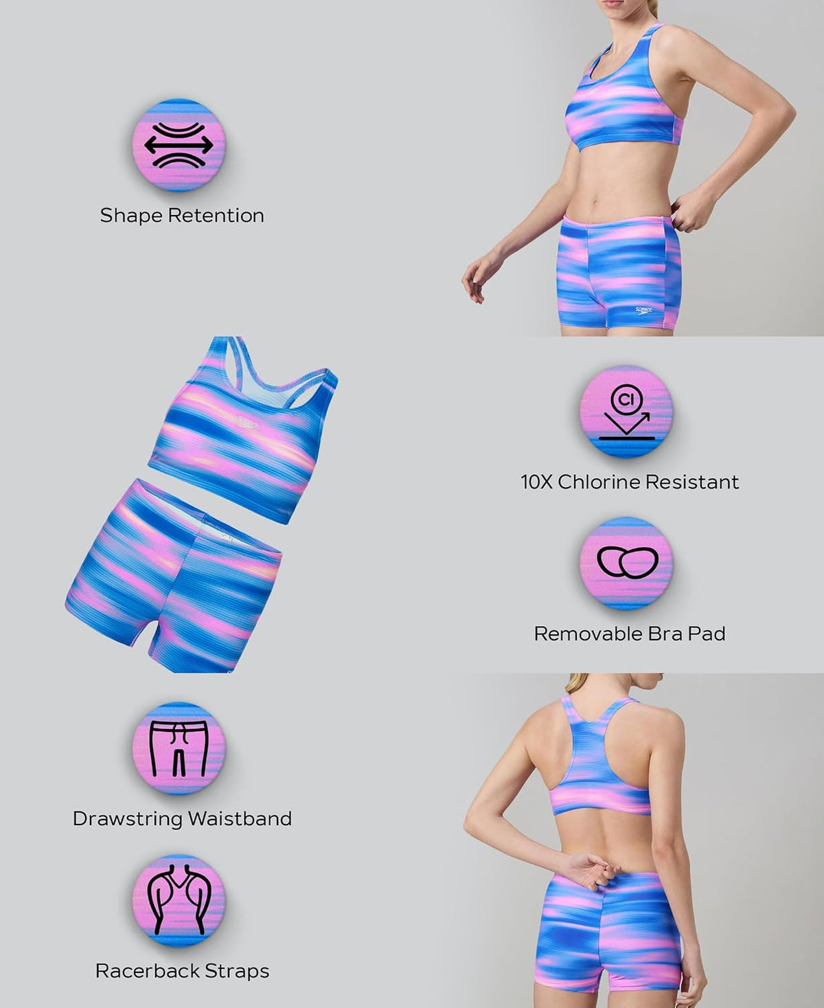 Speedo Women's Endurance10 Printed Racerback Bikini Set Swimming Costume Swimwear | Chlorine Resistance | UPF 40+ Sun Protection | Racerback Design | Removable