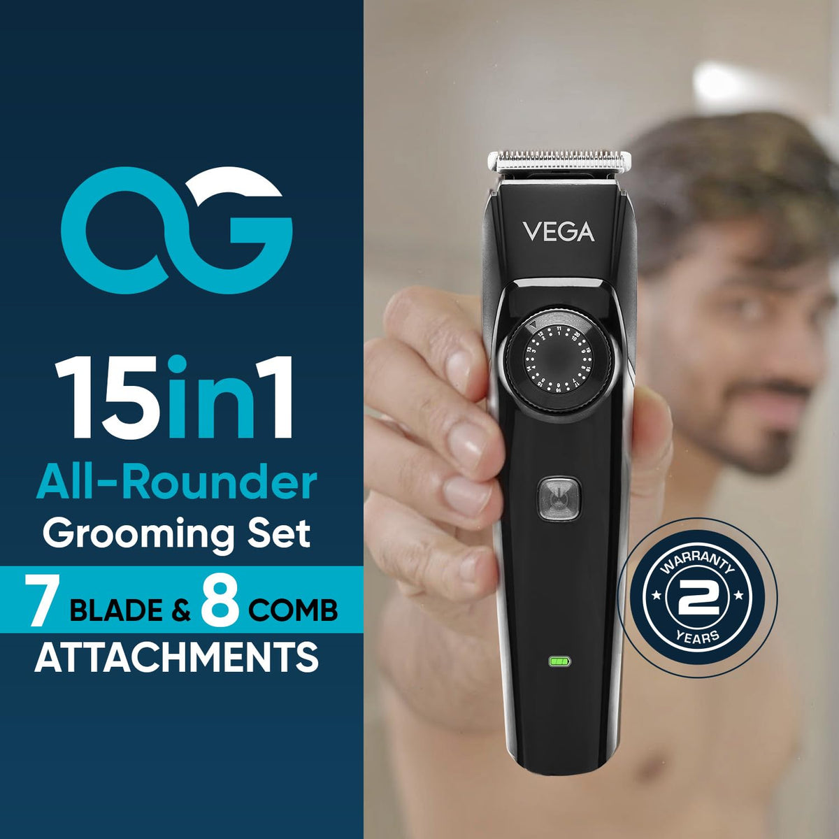Vega OG 15 in 1 Trimmer for Men | Men Beard |All Rounder Grooming Set with 3 Hrs Non-Stop Runtime | for Body, Man- Face, Nose & Private Parts | USB Type C, 2 Ye