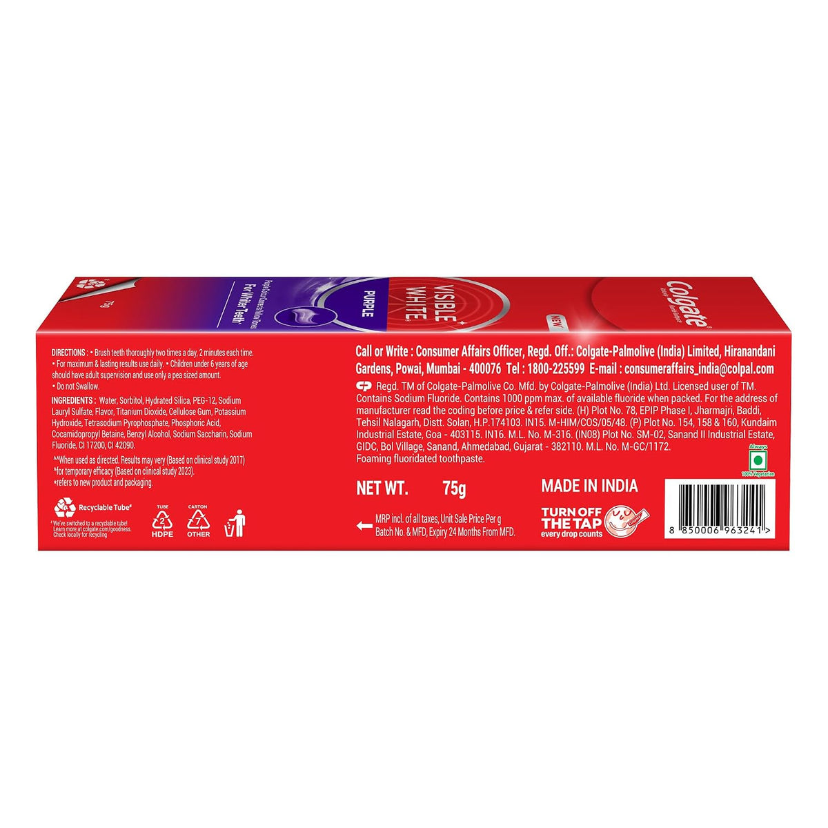 Colgate Visible White Purple Toothpaste for Teeth Whitening, Colgate Toothpaste with Fluoride, Tooth Paste Helps Remove Surface Stains, Whitens Yellow Teeth, En