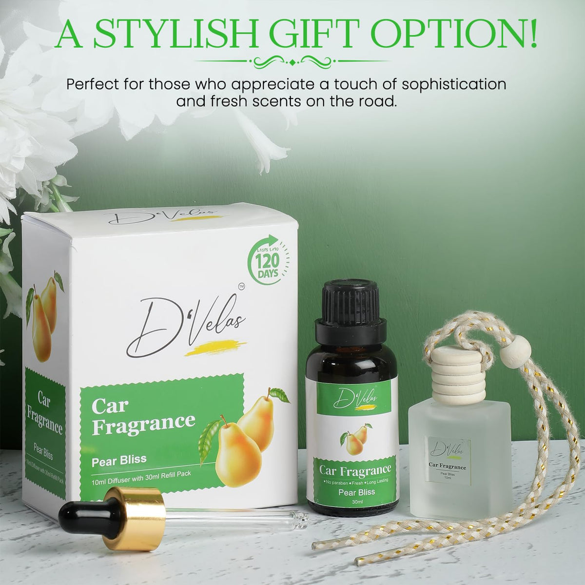 D’Velas™ 40ml Car Fragrance Diffuser Set – Long-Lasting Upto 120 Days | Pear Bliss | No Paraben | Elegant 10ml Wooden Lid Bottle with 30ml Refill | Perfume Diff