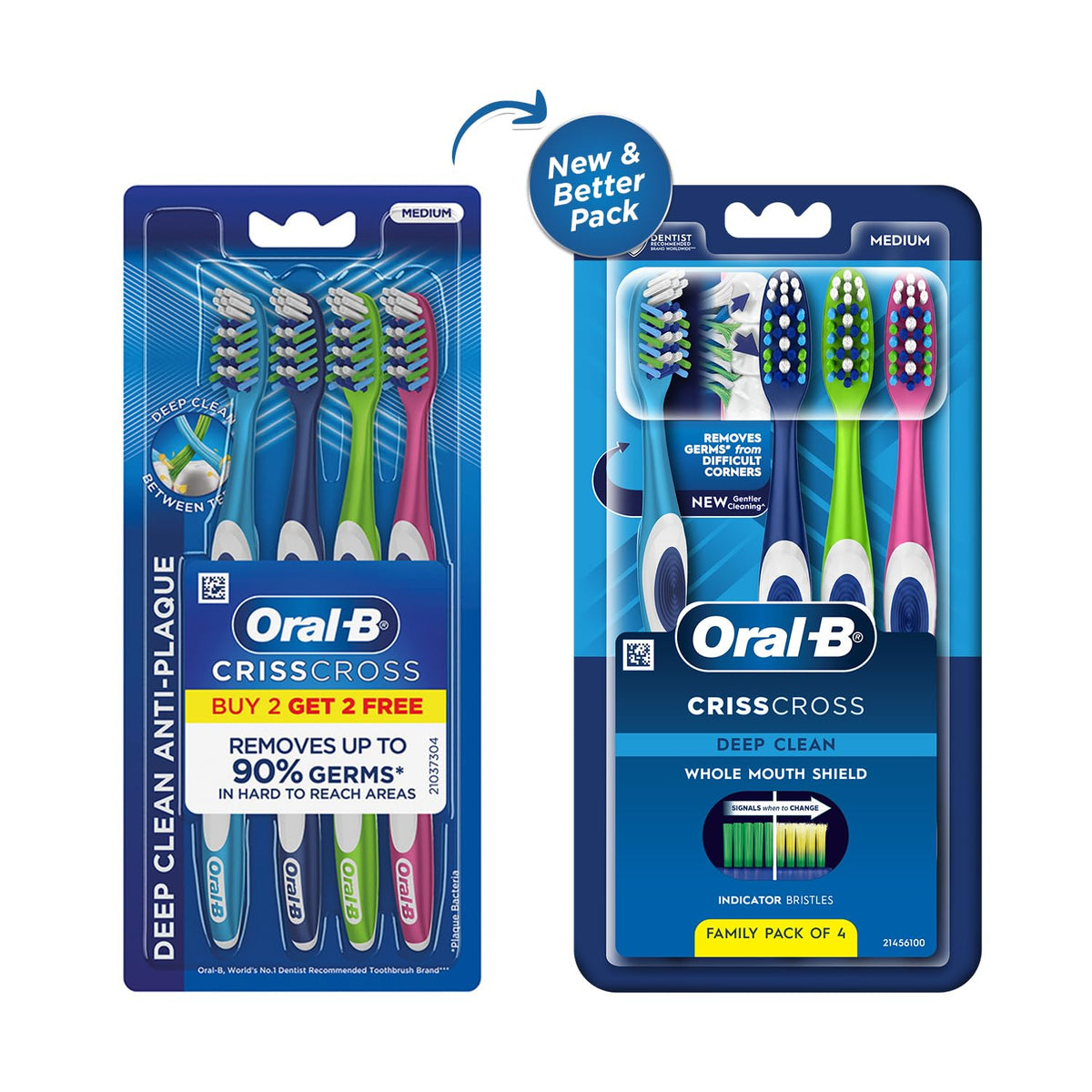 Oral-B Criss Cross Deep Clean Medium Bristles Manual Toothbrush For Adults,Tongue Cleaner, Multicolour Tooth Brush Set, Oral B Dentist Recommended Brand (Family