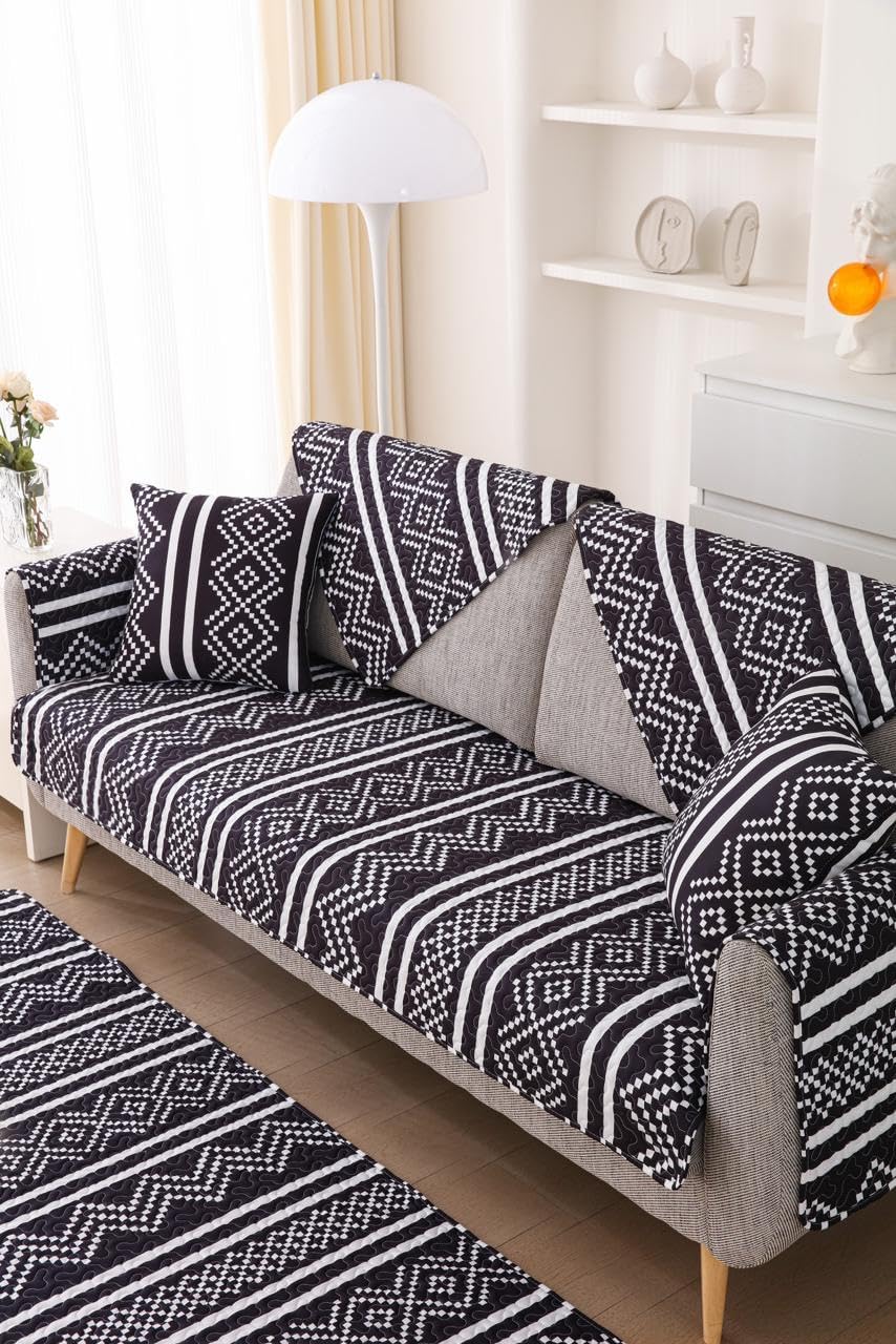 HOMETHREADS European Style Anti Slip 1 Seater Sofa Cover Set | Cotton Sofa Slipcover Set of 4pcs | 1Pc Front + 1Pc Back Cover (70x70cm) + 2Pc Armrest (70x50cm)