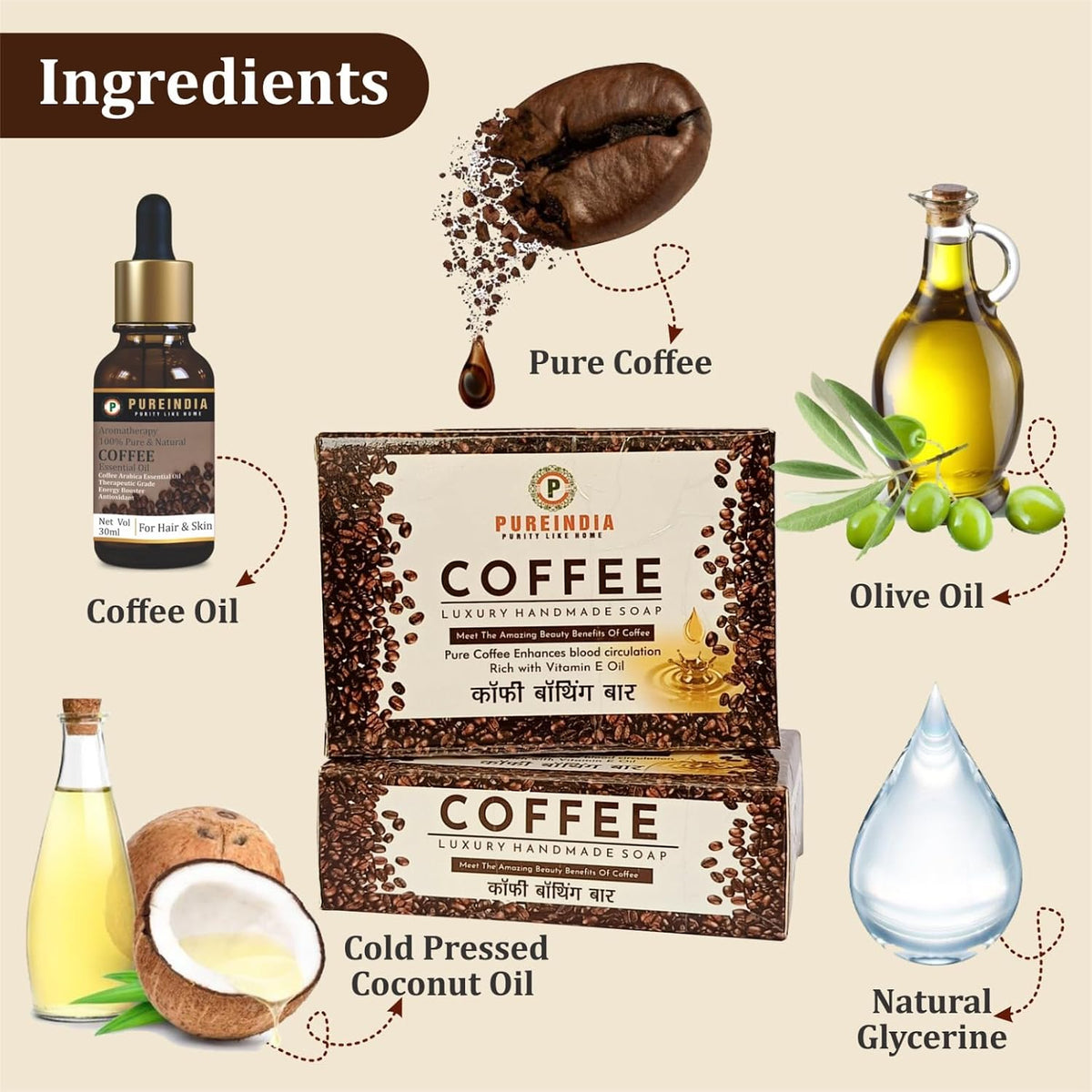 Coffee soap, 100gm Pack Of -1, Handmade & Natural, Made with Original Coffee & Coffee Essential Oil, All Skin Type, Wonderful Mood Inhancer Soap Removes Impurit