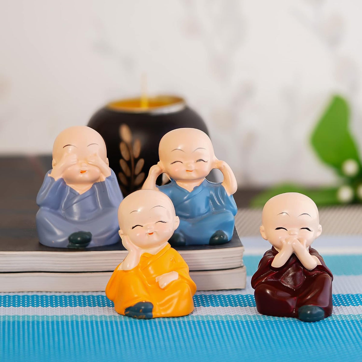 eCraftIndia Resin Set of 4 Little Monk Buddha Statue Think No Evil Speak No Evil Hear No Evil See No Evil Showpiece for Home Decor Living Room Office| Diwali Ho