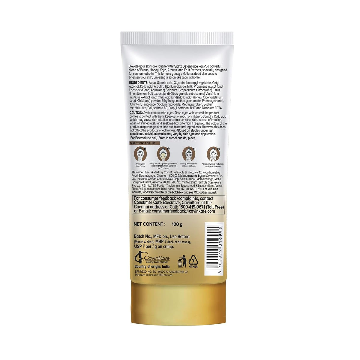 Spinz DeTan Face Pack|Besan Honey & Kojic Acid|100g
