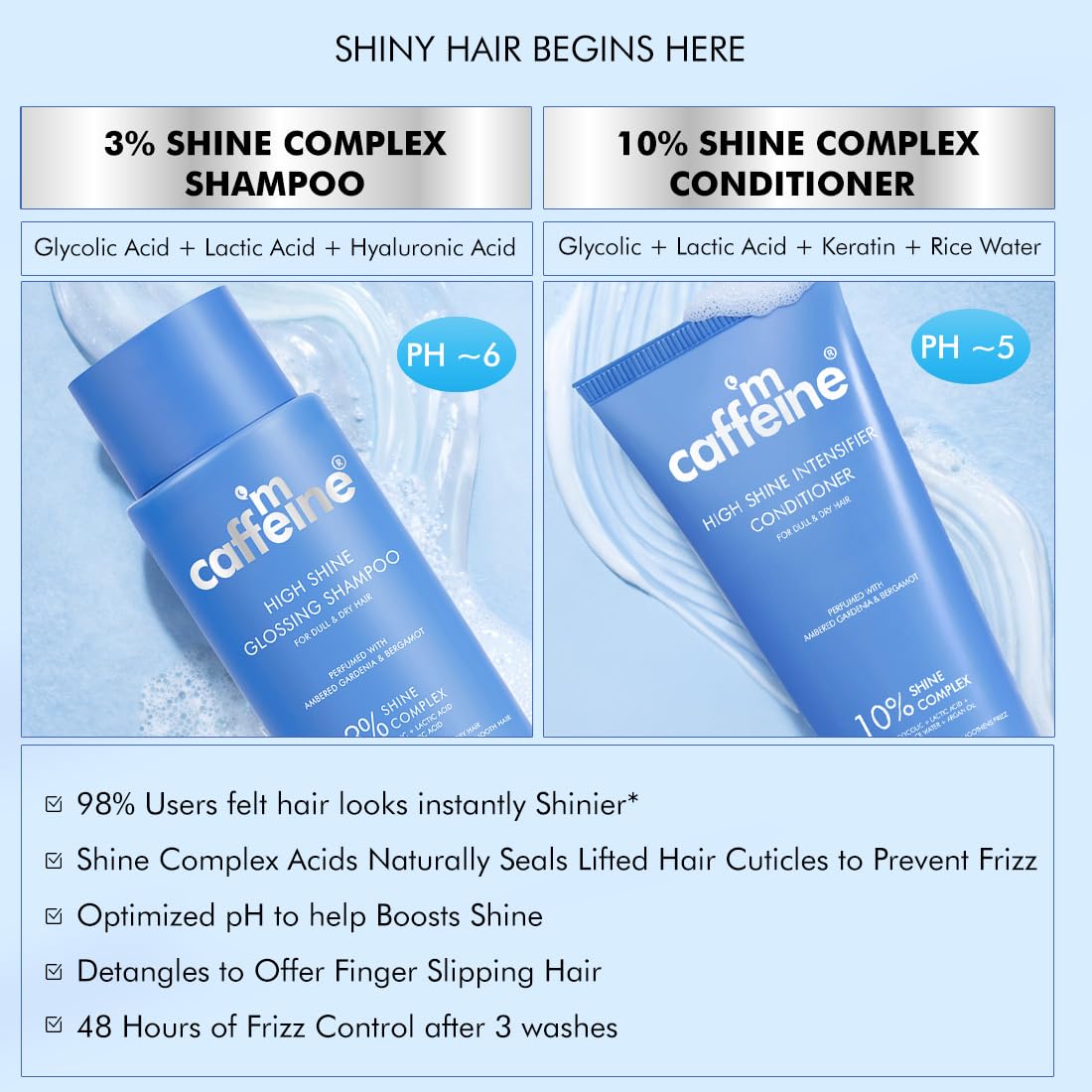 mCaffeine Glass Hair Wash Duo | Glossy Hair Shampoo + Shine Intensifier Conditioner | New Shine Complex | Smooth, Shiny Hair & 48Hr Frizz Control | Long Lasting