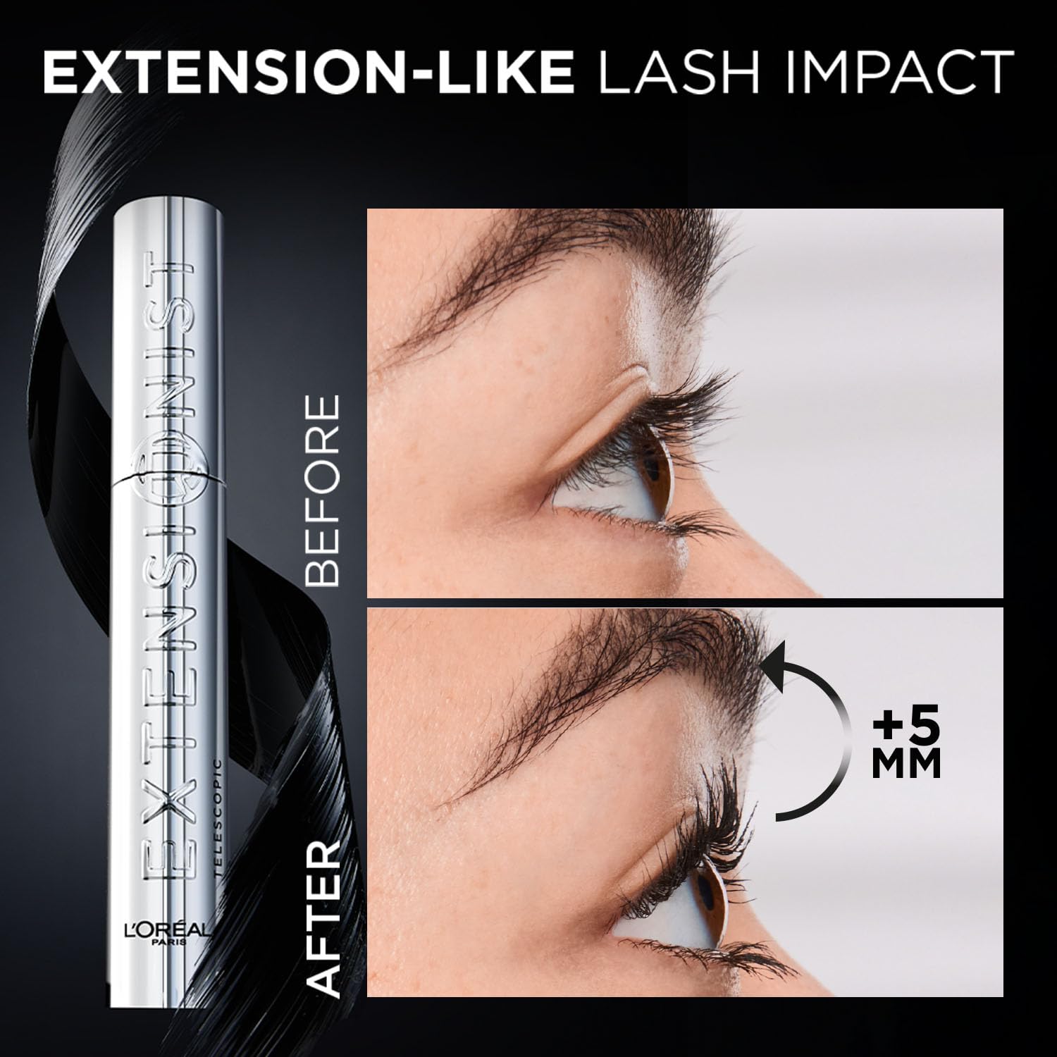 L'Oréal Paris Telescopic Extensionist Waterproof Mascara Extends lashes +5mm closer to brows Sculpting comb brush with 300+ bristles, 11ml