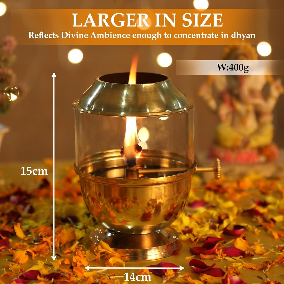 KBV Brass Akhand Jyoti Diya with Wick Adjustable Bati Knob & Borosilicate Glass Cover 250 ml Oil Capacity, Burns Up to 48 Hours, Includes Wick