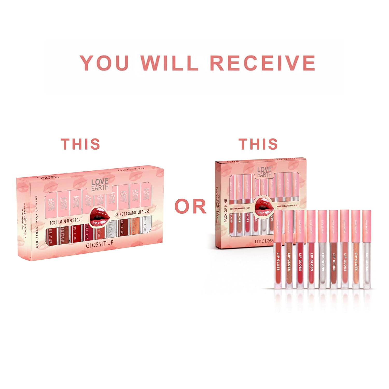Love Earth Liquid Lip Gloss Pack Of 9 For Soft & Dewy Lips Enriched With Vitamin E & Almond Oil Lip Color For Glossy Look |Lightweight Non Sticky Lip Shiner For Moisturizing Lips, 2ml Each, Multicolor