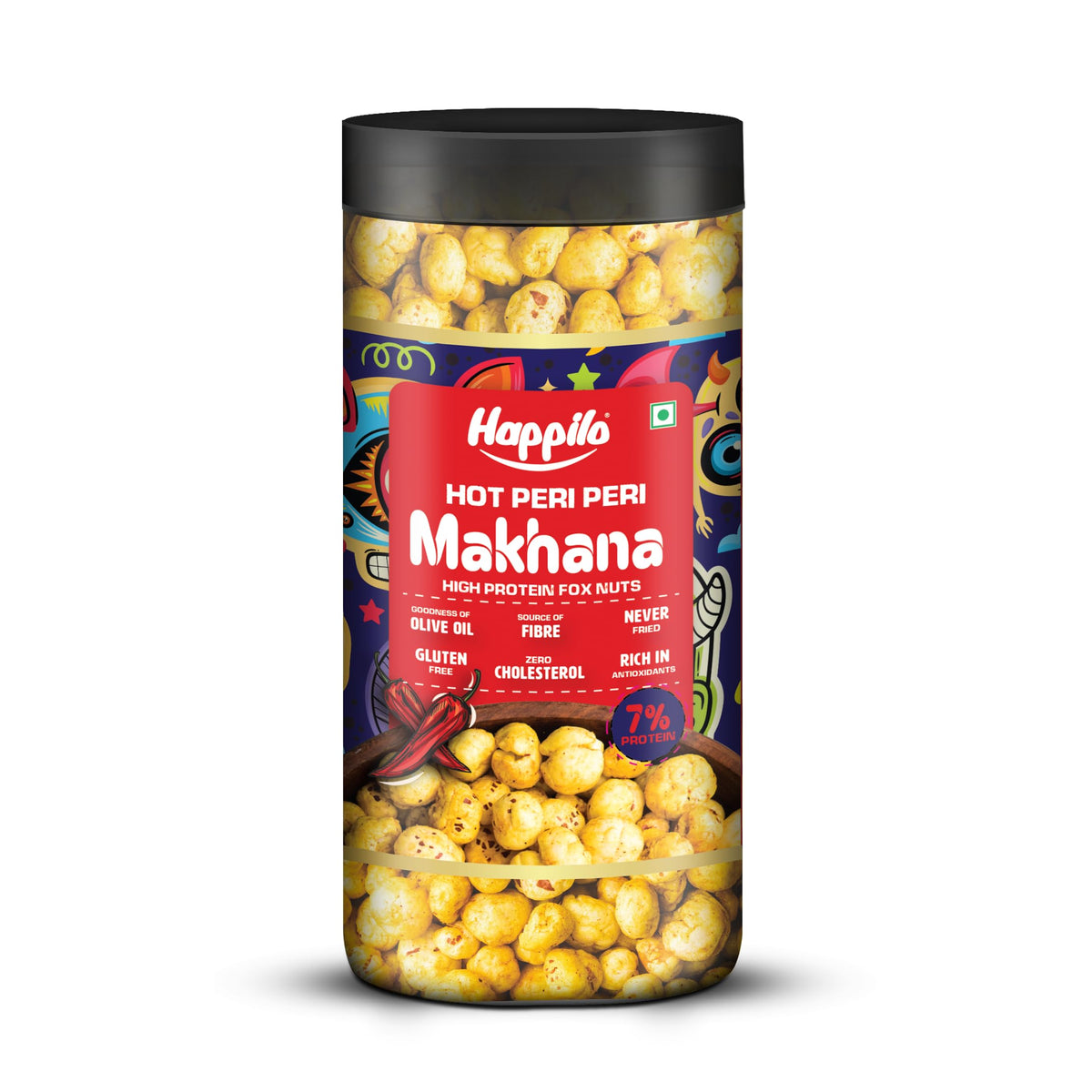 Happilo Premium Makhana Superhot Peri Peri Jar 80g | Roasted Foxnuts, Lotus Seeds | Healthy Snacks | Low Calorie, Vegan & Spicy Pack of 1