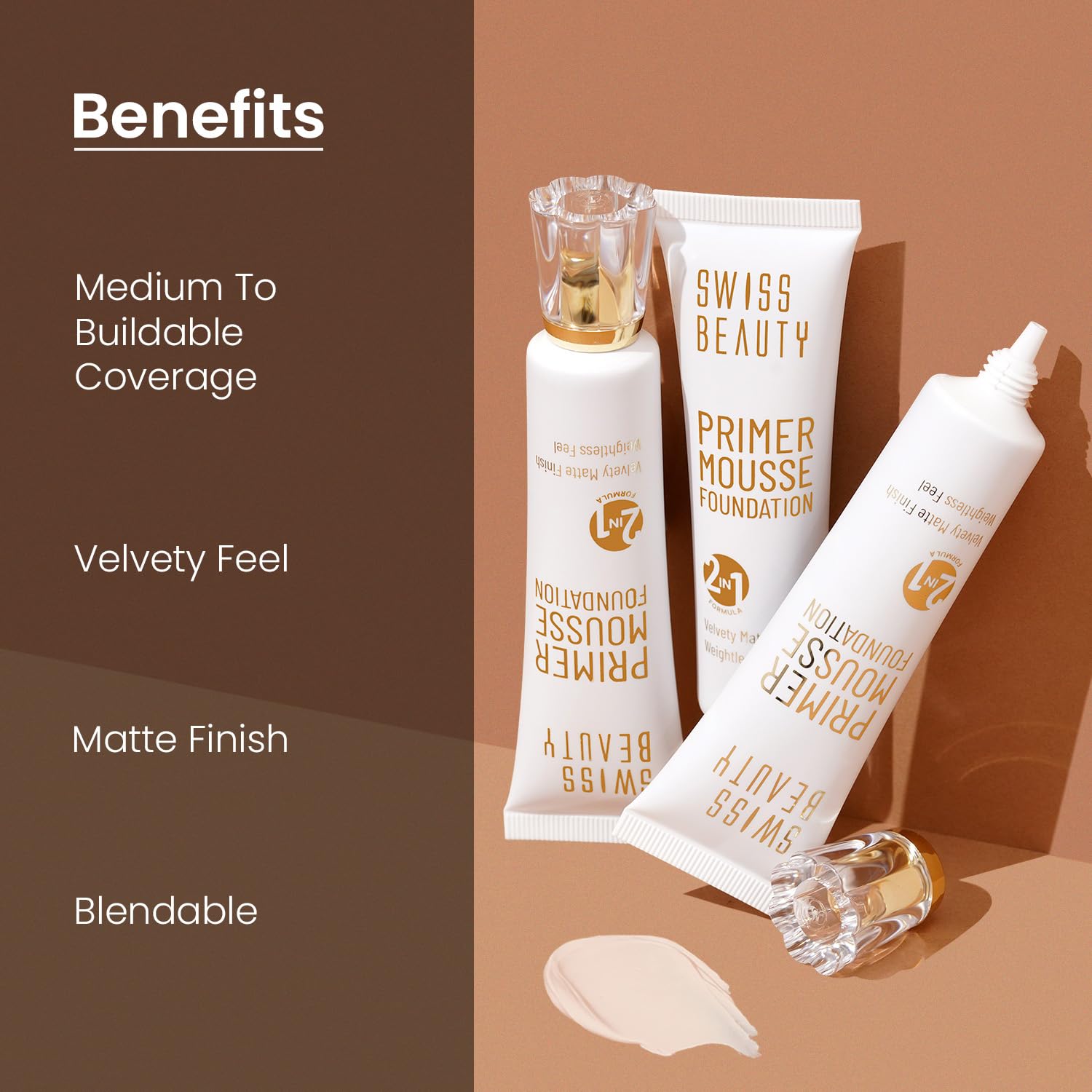 Swiss Beauty Primer Mousse Foundation Weightless Smooth & Velvet Touch, Matte Finish, Face MakeUp, Medium Beige, 40ml