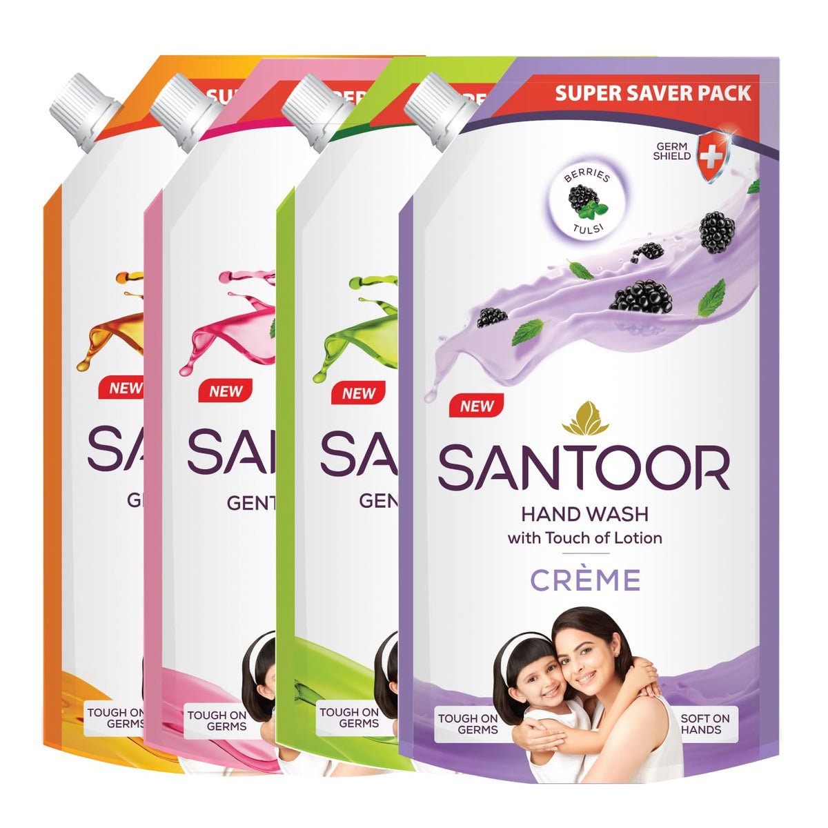 Santoor Crème Handwash 600ml, Pack of 2 with Touch of Lotion| Made with Berries & Tulsi| Rich Lathering Formula with Anti-Bacterial Properties| Soft on Hands| S