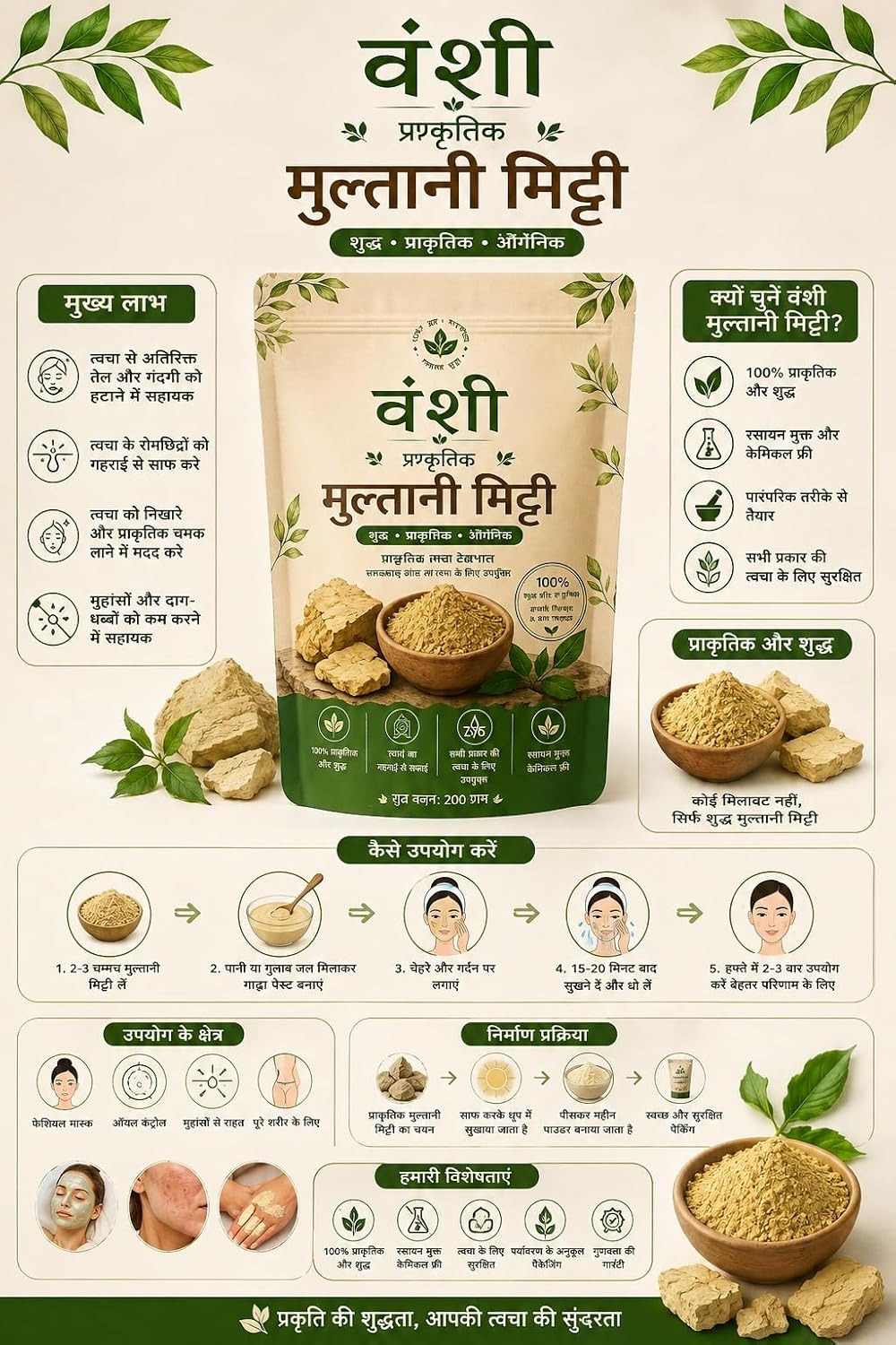 Natural Multani Mitti Powder 200g | Pure Fuller's Earth Clay | Natural Face & Skin Care Powder | For Face Pack, Body Care & Beauty Care (Pack of 1)