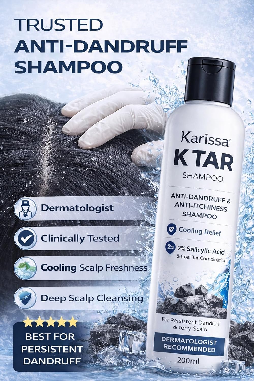 Karissa K TAR Anti Dandruff Shampoo with 2% Salicylic Acid & Coal Tar | Reduces Dandruff, Itchy Scalp & Flakes | Deep Scalp Cleansing & Oil Control | Cooling Re