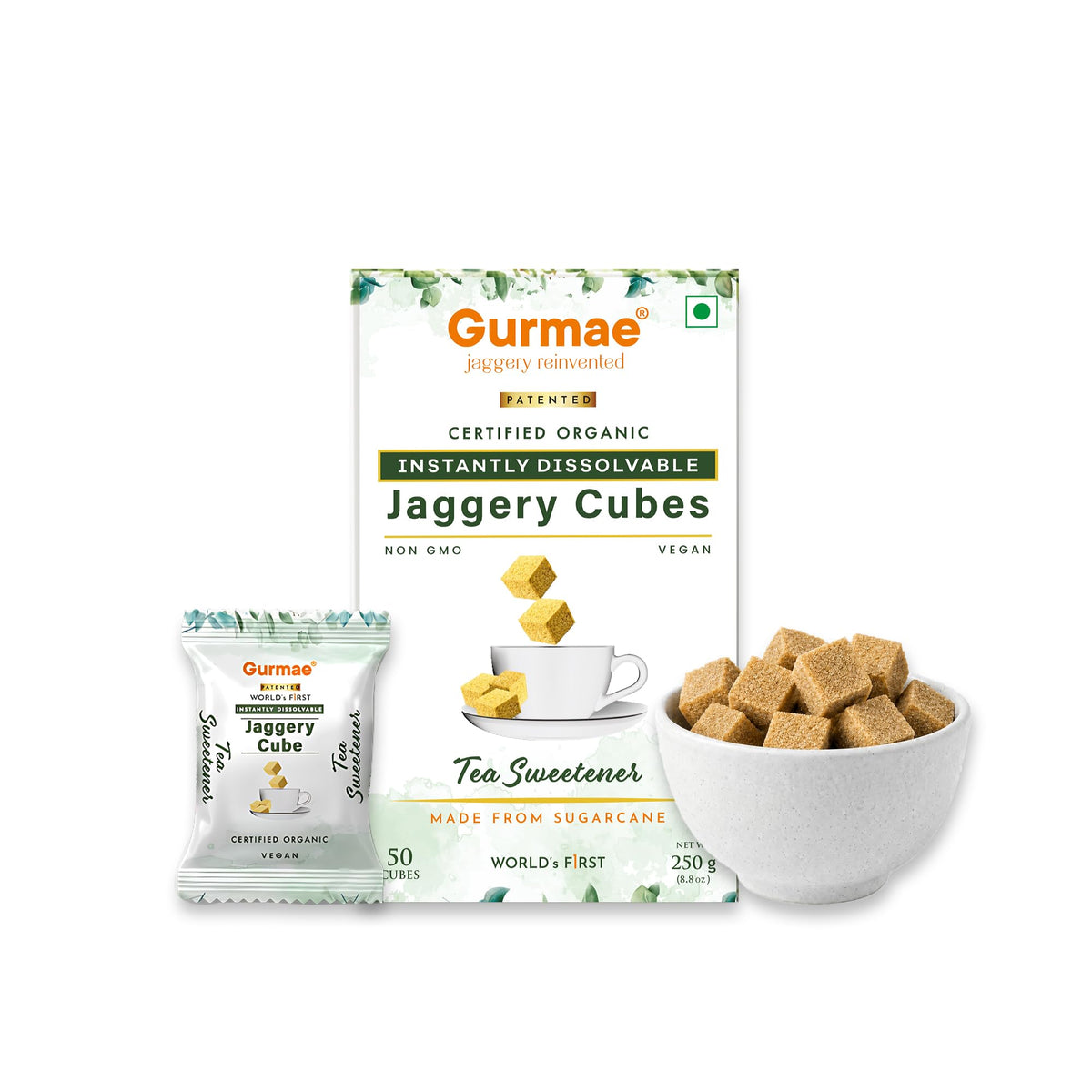 Gurmae Organic ‘Instantly Dissolvable’ Jaggery Cubes for Tea, World’s 1st & Patented, Individually Packed 50 Cubes, Natural Tea Sweetener (Gud), Clean label, Tr