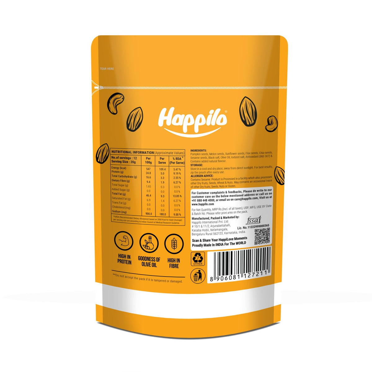 Happilo Premium 6 in 1 Super Seeds Mix 250g, Chia, Roasted Pumpkin, Sunflower, Flax, Watermelon, Sesame, Diet Snacks, Super Healthy Food, 27% Protein 250 g (Pac