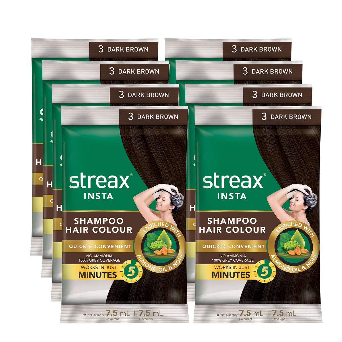 Streax Insta Shampoo Hair Colour for Men & Women, Dark Brown, 18ml (Pack of 8) | Enriched with Almond Oil & Noni Extracts | Long-Lasting Instant Colour