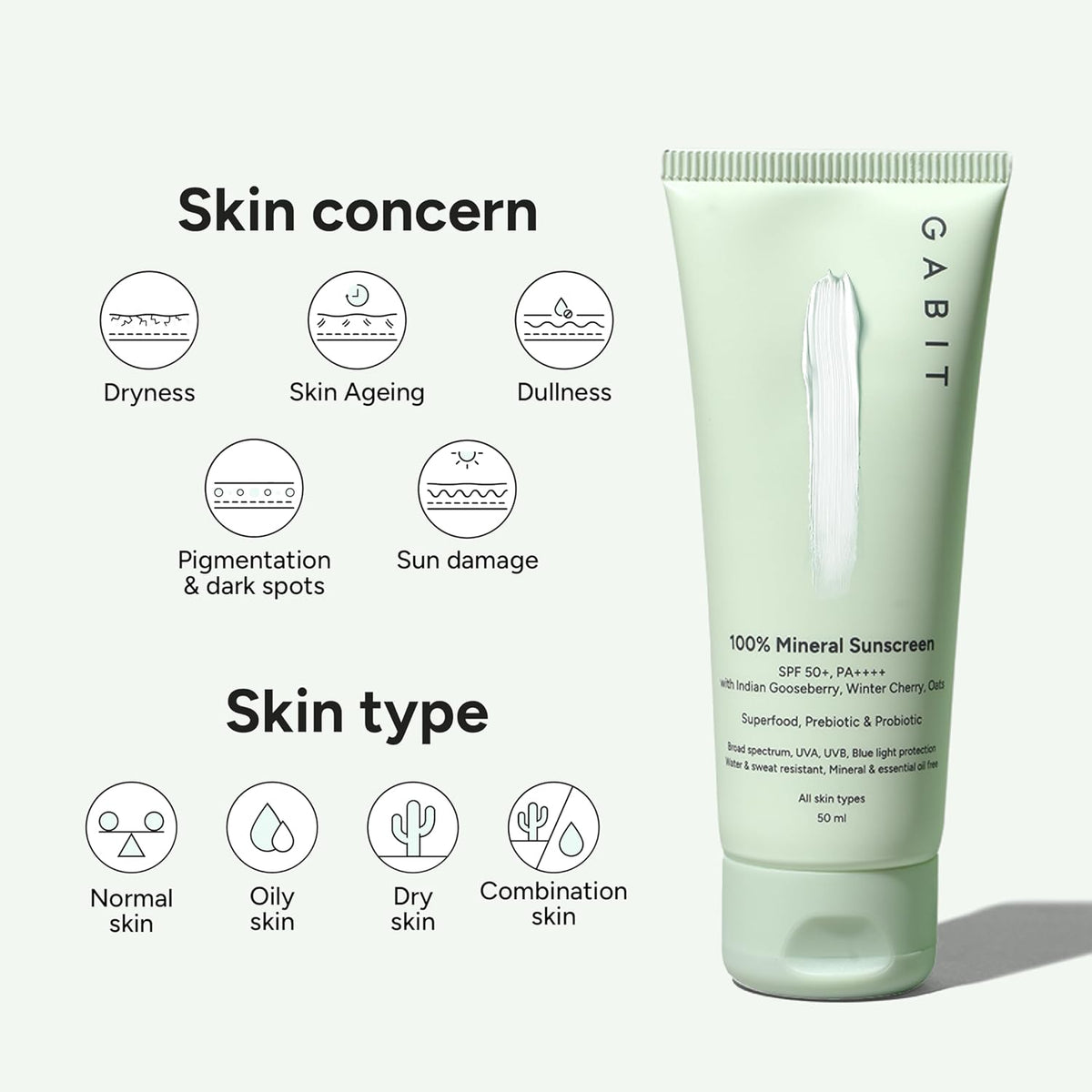 Gabit 100% Mineral Sunscreen SPF 50 PA++++ | Water & Sweat Resistant, UVA/B & Blue Light Protection | No White Cast | Vit E, Gooseberry, Winter Cherry | Normal,