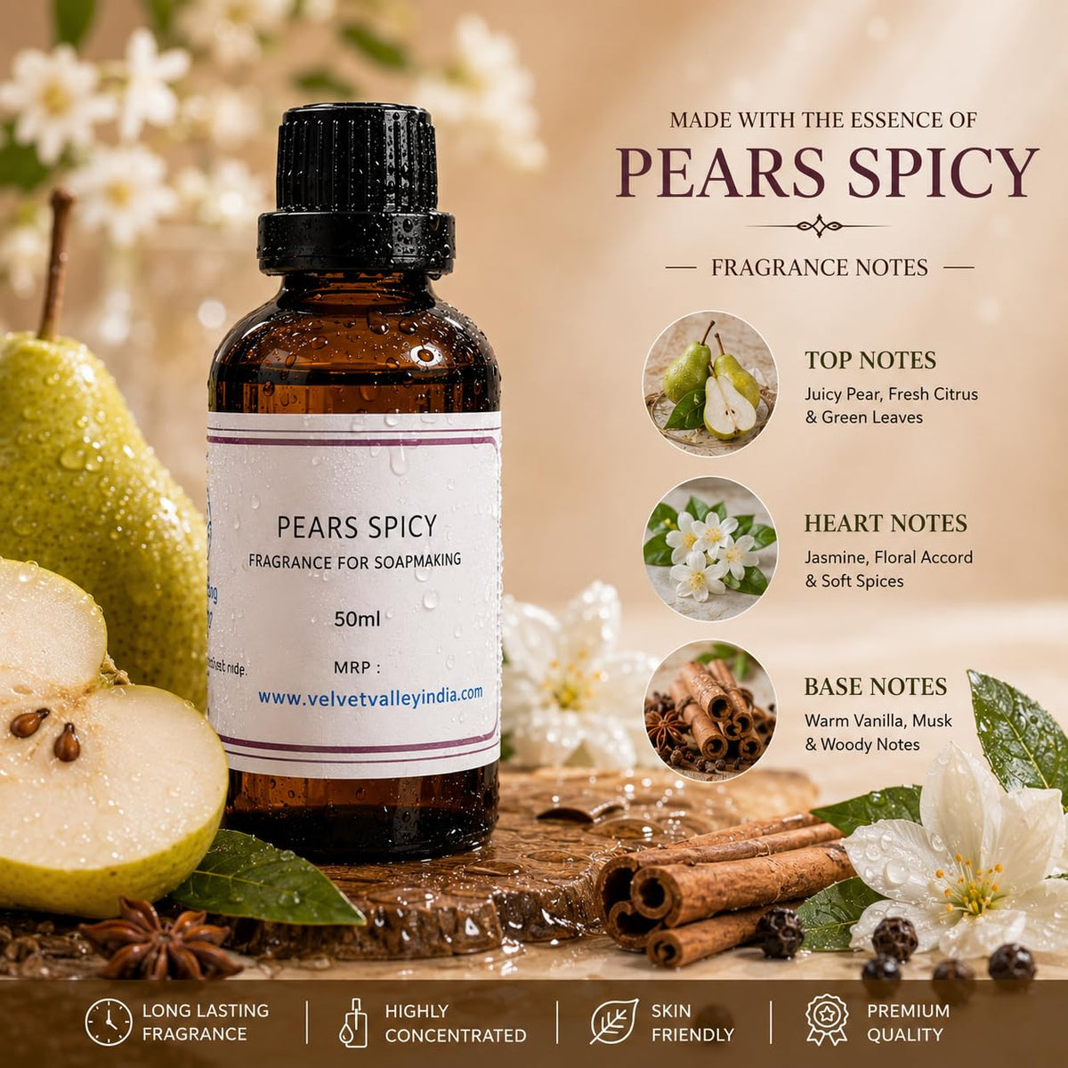 Velvet Valley Pears Spicy Essence Essential Oil for Soap Making and Candle Making, Aroma Oil for Wax Melts, DIY Crafts and Home Fragrance, 50 ml Pears Spicy 50