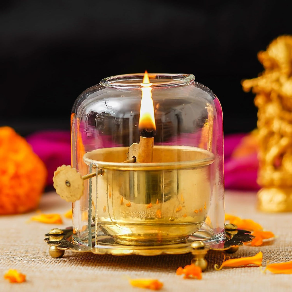 Webelkart Antique Akhand Diya Qith Adjustable Bati for Puja Decor|Oil Puja Lamp for Aarti Pooja Article Metal Diya for Diwali ( 4" Inches- Metal )