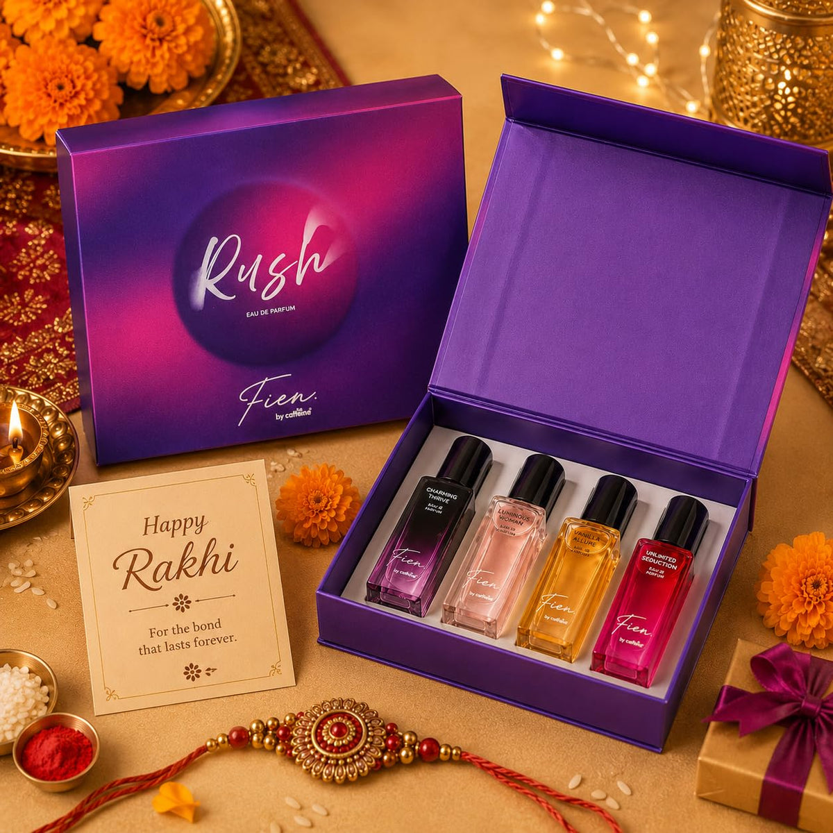 FIEN by mCaffeine Rush Perfume Gift Kit Set for Women & Men | Rakhi Gift Set with 12 Hrs Long Lasting Eau De Parfum with Vanilla Muse & Cherry Wine | Perfume fo