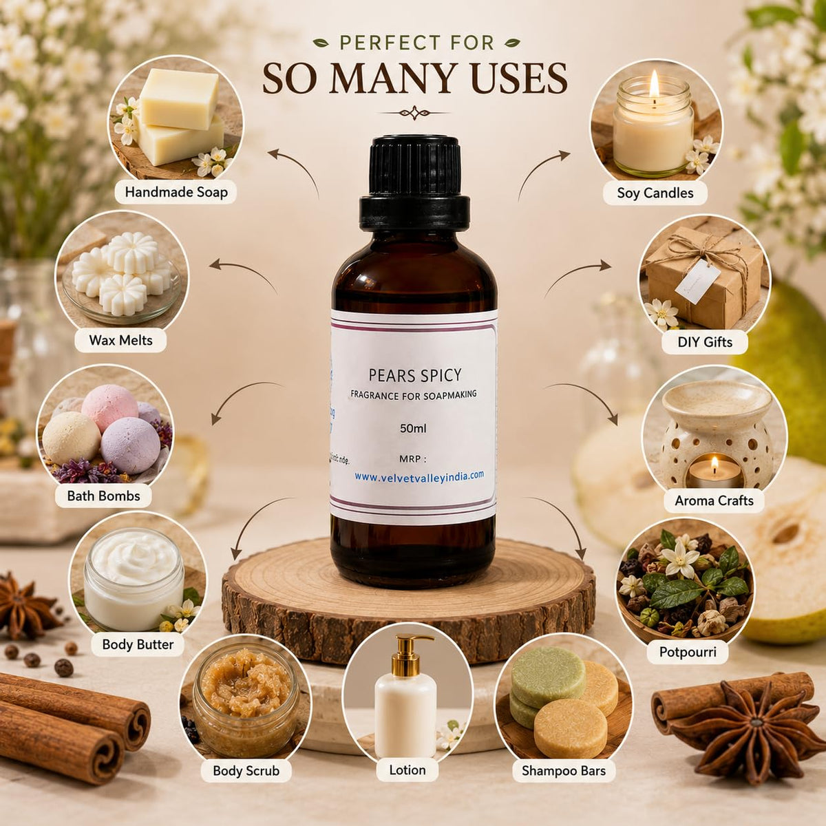 Velvet Valley Pears Spicy Essence Essential Oil for Soap Making and Candle Making, Aroma Oil for Wax Melts, DIY Crafts and Home Fragrance, 50 ml Pears Spicy 50