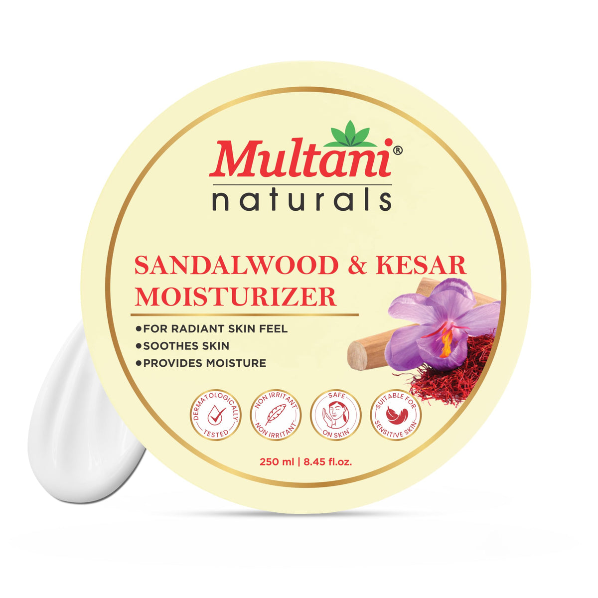 Multani Naturals Moisturizer Sandalwood & Kesar (250 ml) | 48Hr Hydration Face & Body Cream | Radiant Skin Glow & Deep Nourishment | Soothes Dry Skin | Paraben-