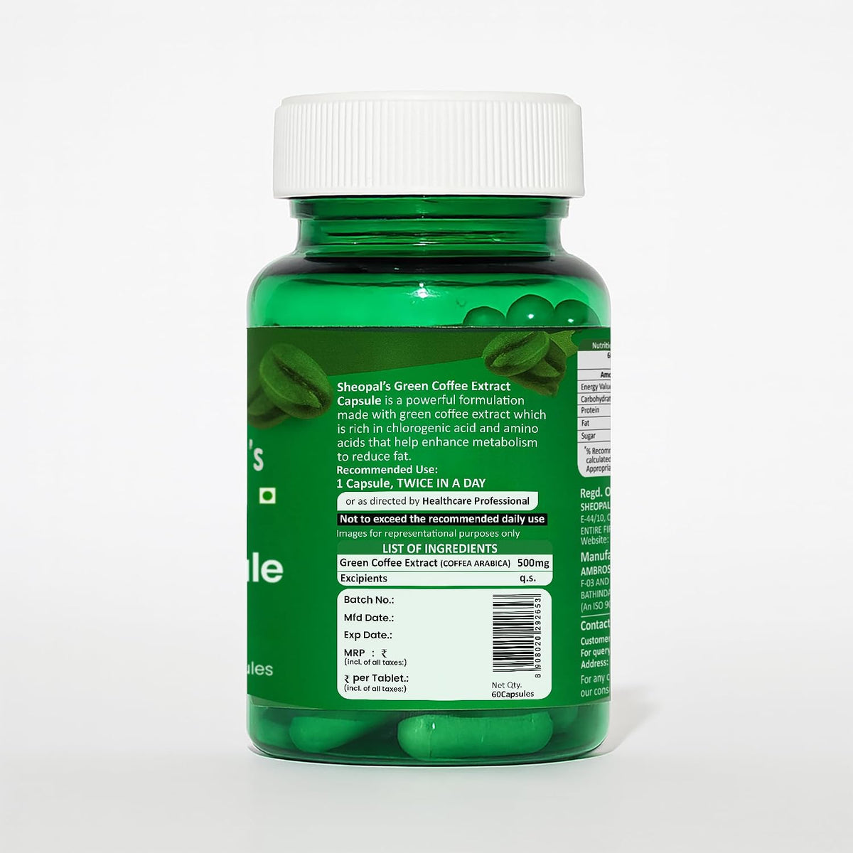 Sheopals Green Coffee Extract Capsules | Natural Fat Burner Supplement | Supports Weight Management & Metabolism | Fat Burner for Weight Loss Products Supplemen