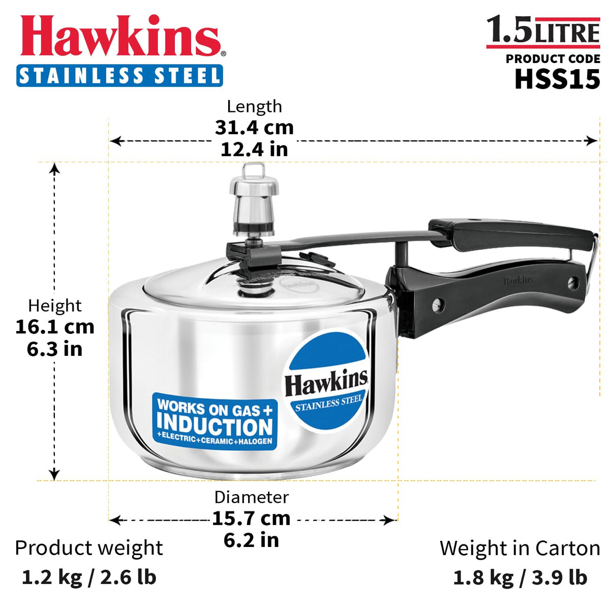 Hawkins 1.5 Litre Stainless Steel Inner Lid Pressure Cooker, Induction Cooker, Silver (HSS15) 1.5 Litres
