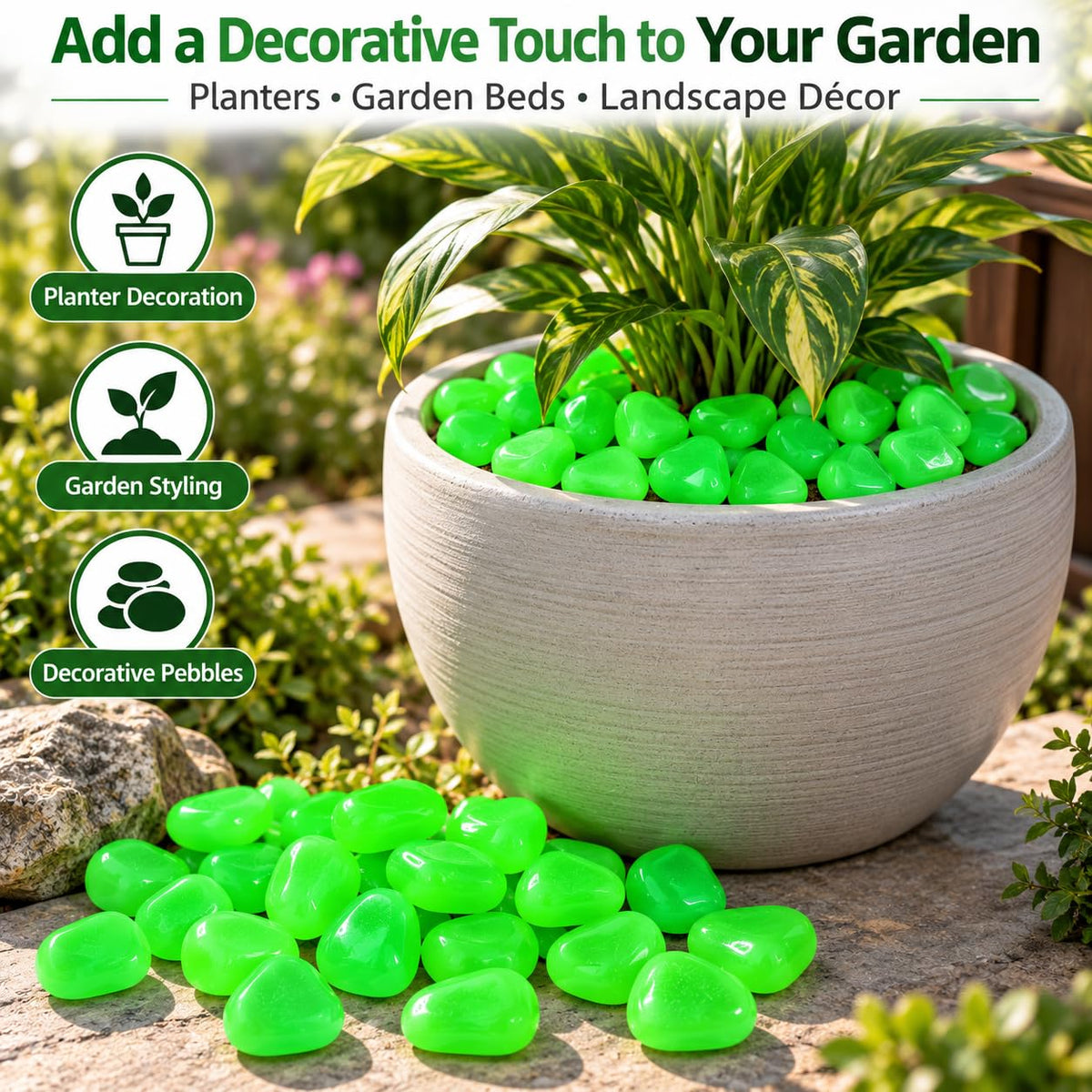 Woffely 100 PCS Glow in The Dark Decorative Stones, 180 g Green Glowing Pebbles, Light Absorbing Reusable Stones for Garden, Pathway, Aquarium, Planter, Vase, P