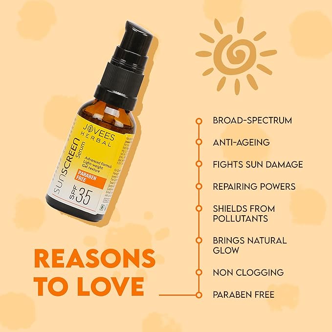 Jovees Herbal Sunscreen Face Serum SPF 35 with Aloe Vera, Carrot and Sunflower Extract, Advanced Light Weight Gel Based Formula For Sun Protection 30ml - For Oi
