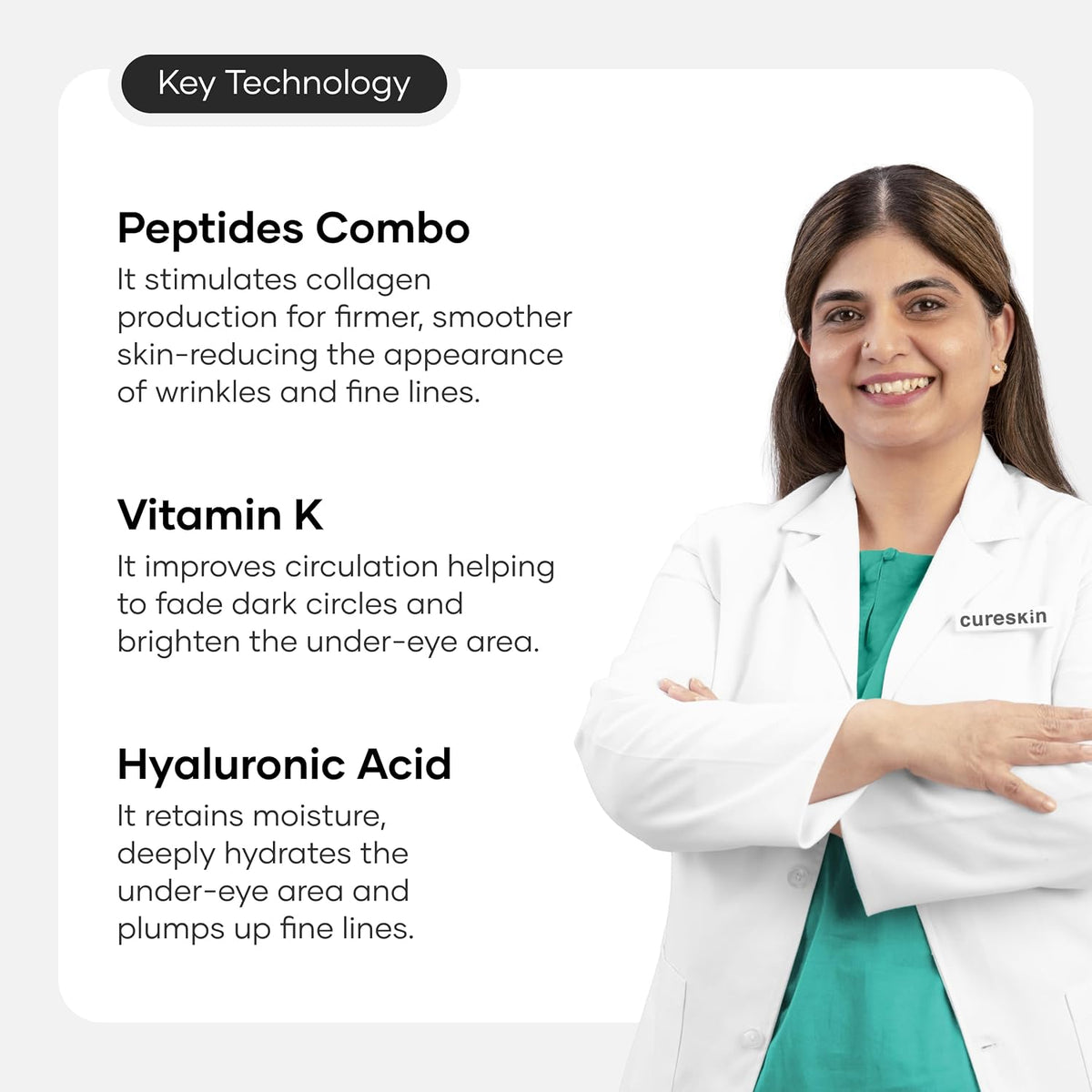 Cureskin Bio-Peptide Under Eye Gel with Hyaluronic Acid, Vitamin K & Chrysin | Reduces Dark Circles, Puffiness & Fine Lines | Under Eye Cream for Women & Men |