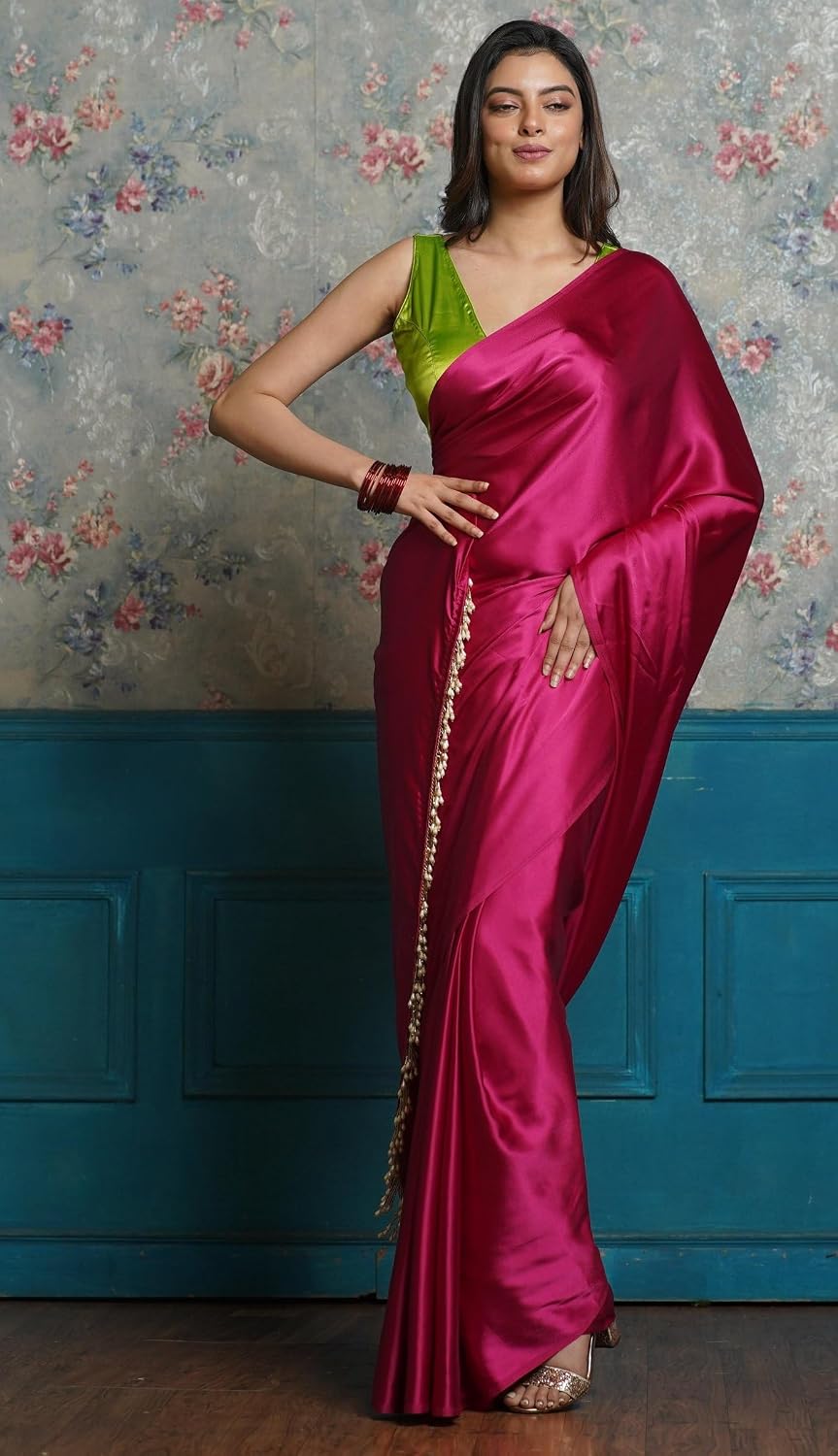 Women's Ready to Wear Satin Silk 1 Minute Pre Pleated Heavy Saree with Hand Work Tassels (Pink) Free size Pink