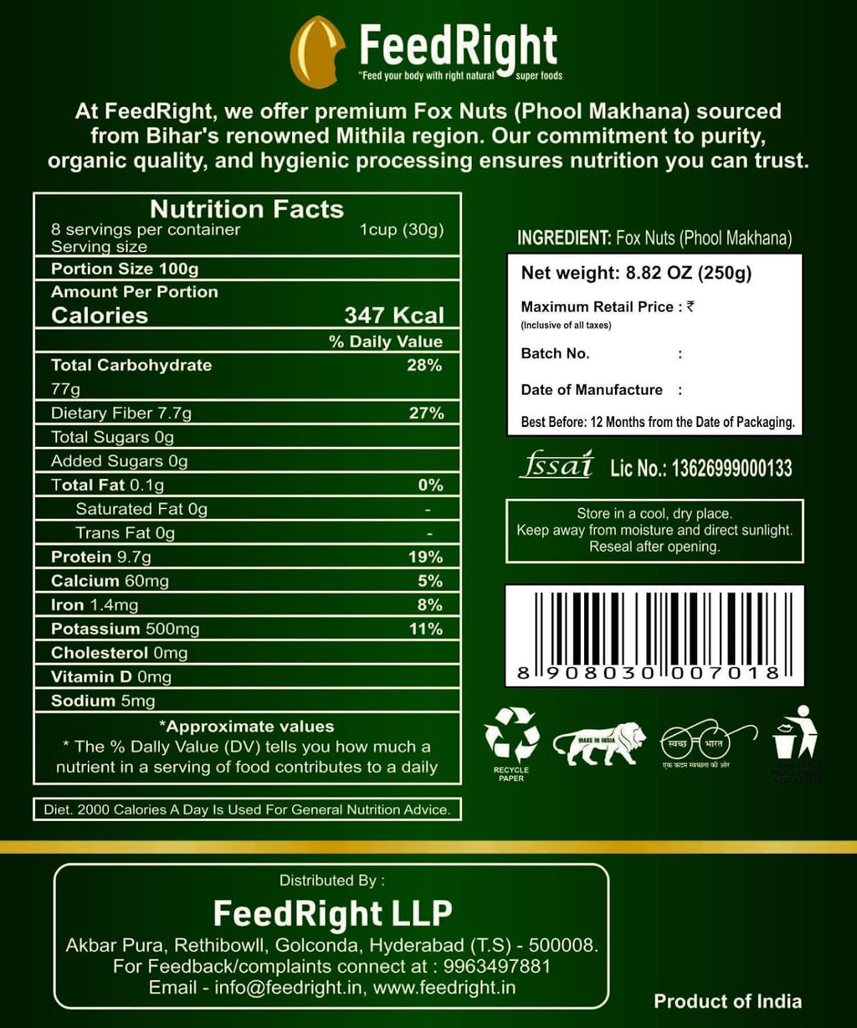 FeedRight Prime Large size ORGANIC Handpicked Phool Makhana | No small size mix | Crunchy Makhana, Light Healthy Natural Snack | Fox Nuts | Lotus Seeds | Rich i